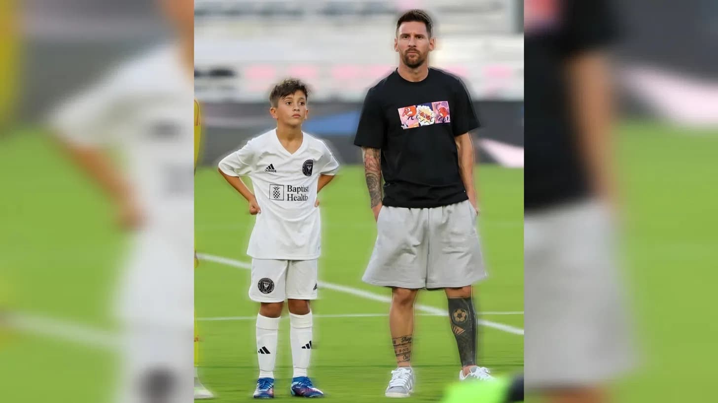 comparing thiago messi and lionel messi height side by side on the field