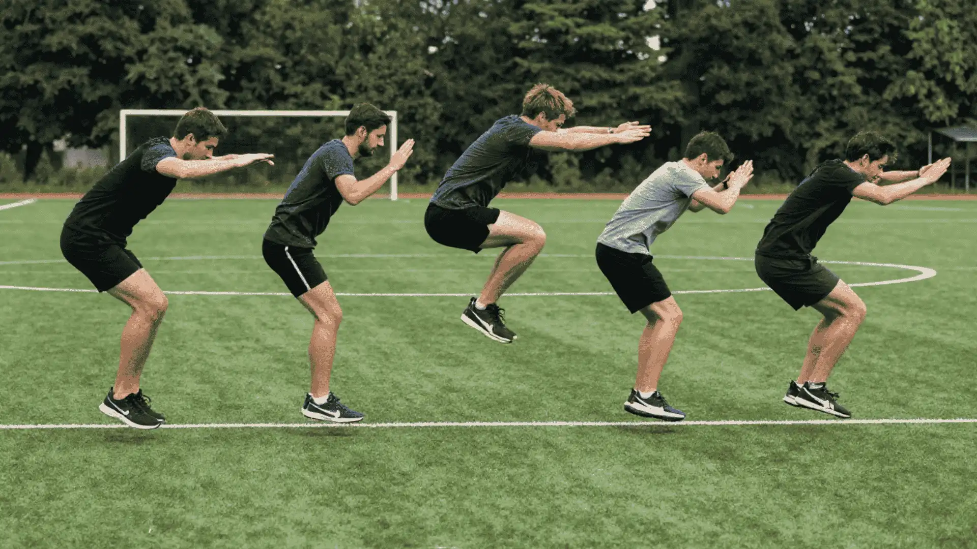 sequence of athletes doing forward bound jumps on turf to build explosive football speed and leg power