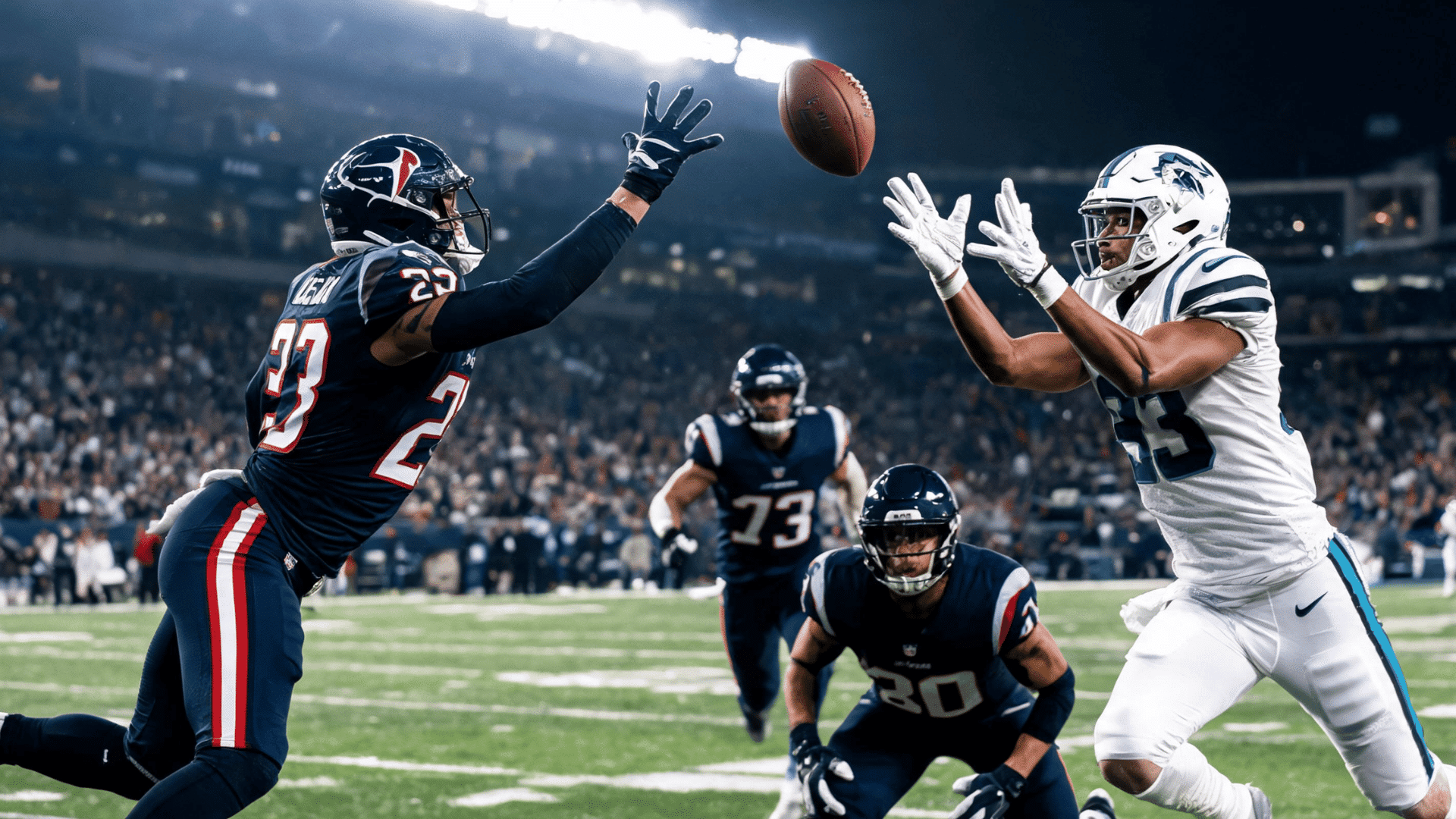 cornerback breaking up a pass while safety linebacker and defensive lineman help defend the play