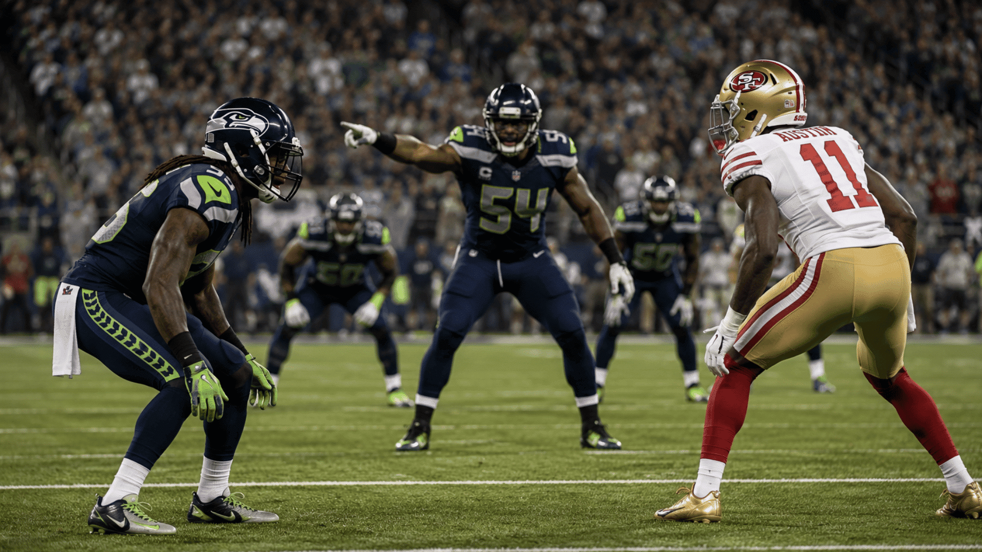 cornerback lined up against a receiver while a middle linebacker directs the defense before the snap