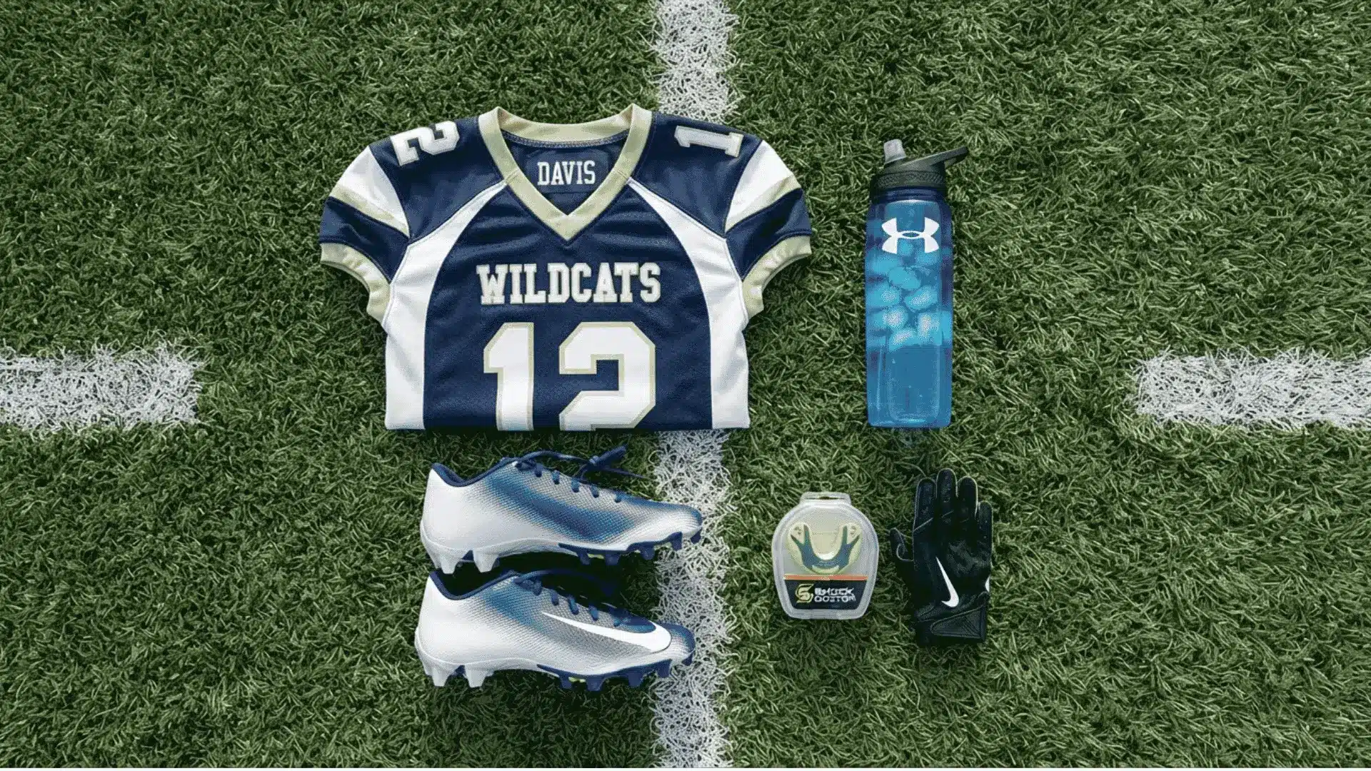 flat lay of youth football jersey cleats mouthguard and water bottle on green turf