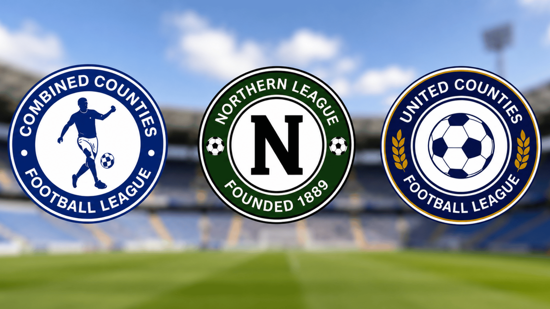 county and regional premier division league logos displayed above football pitch in daylight stadium