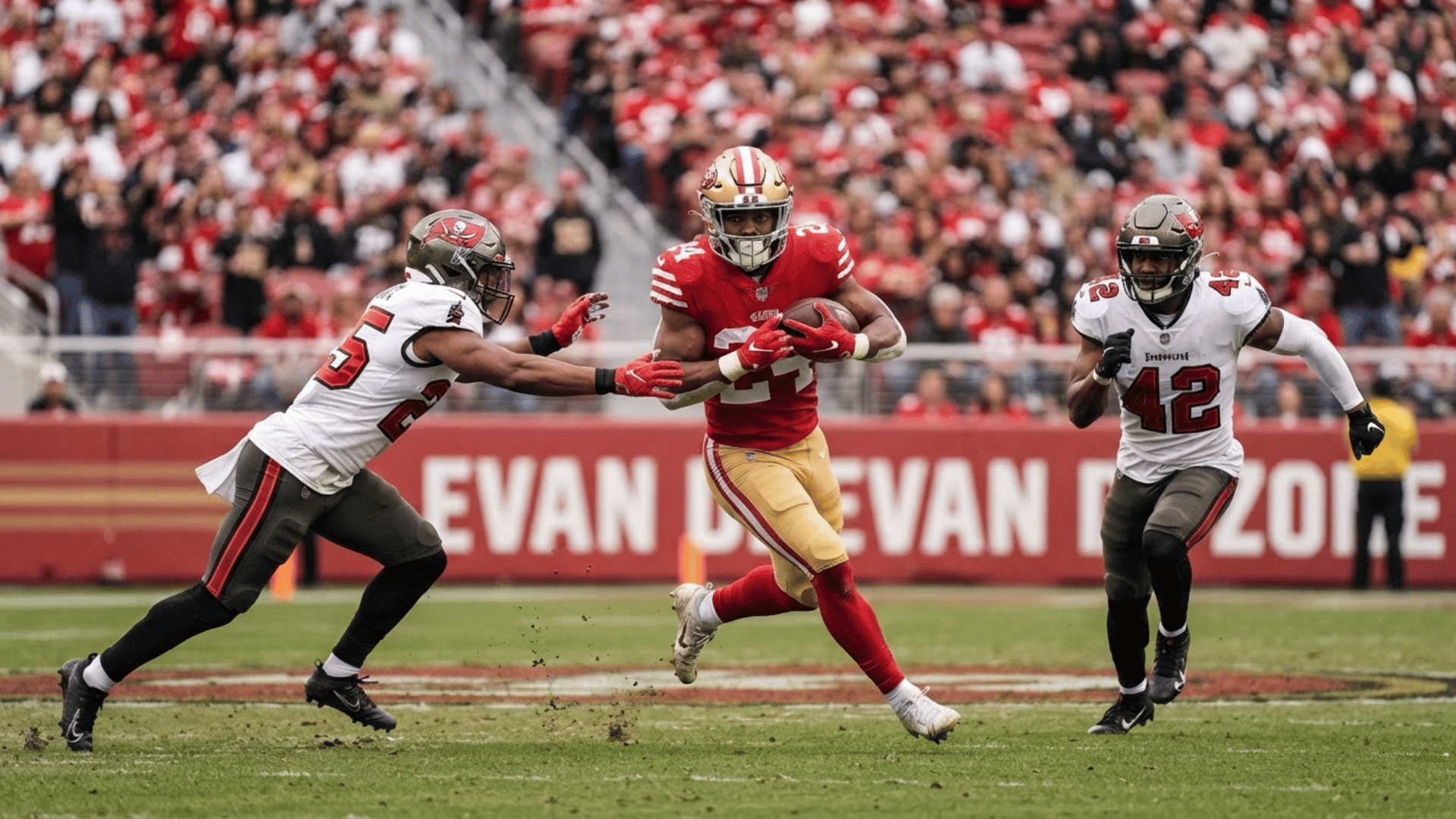 player runs with the football while buccaneers defenders chase him in fantasy football
