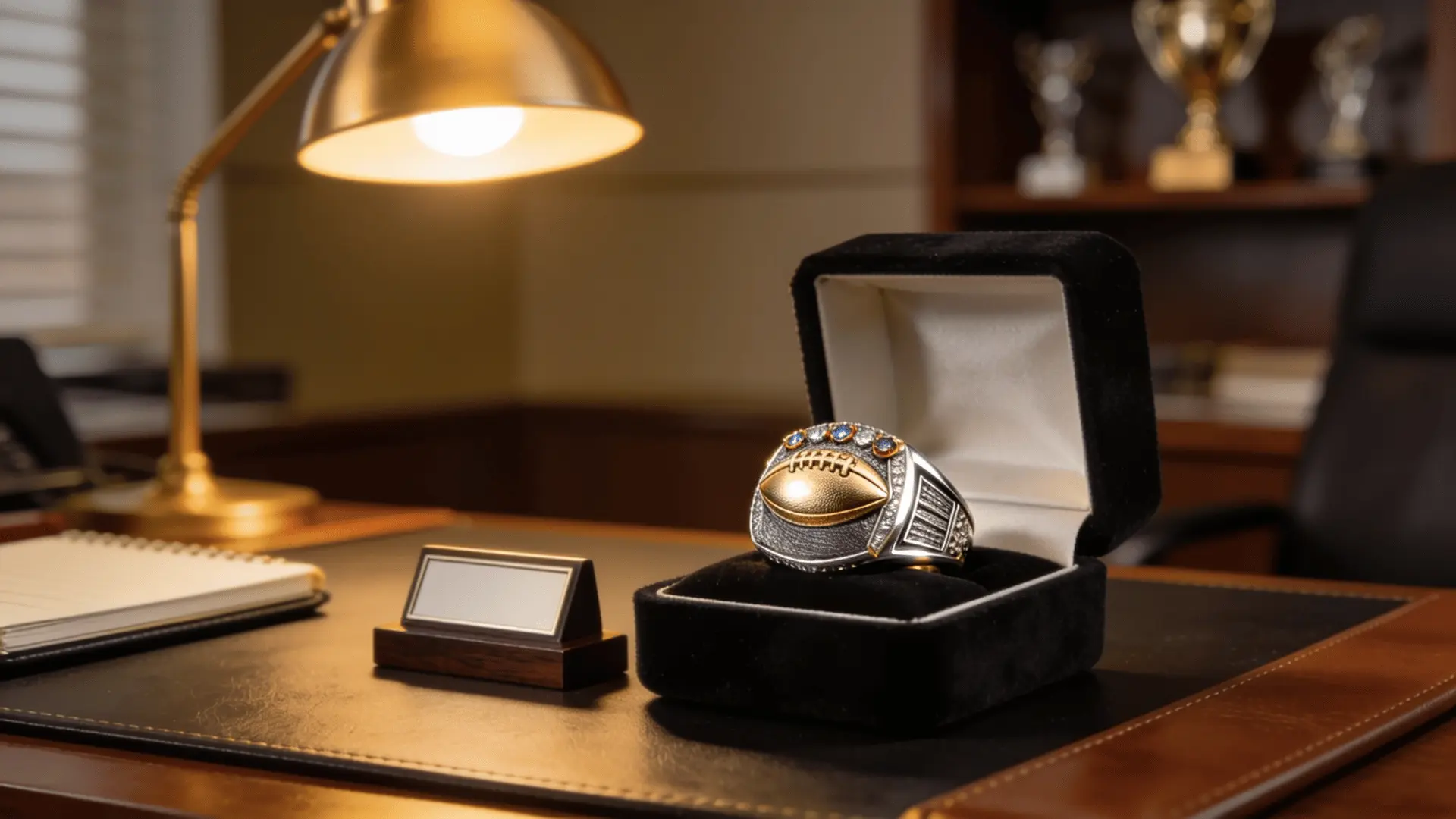 fantasy football championship ring on desk