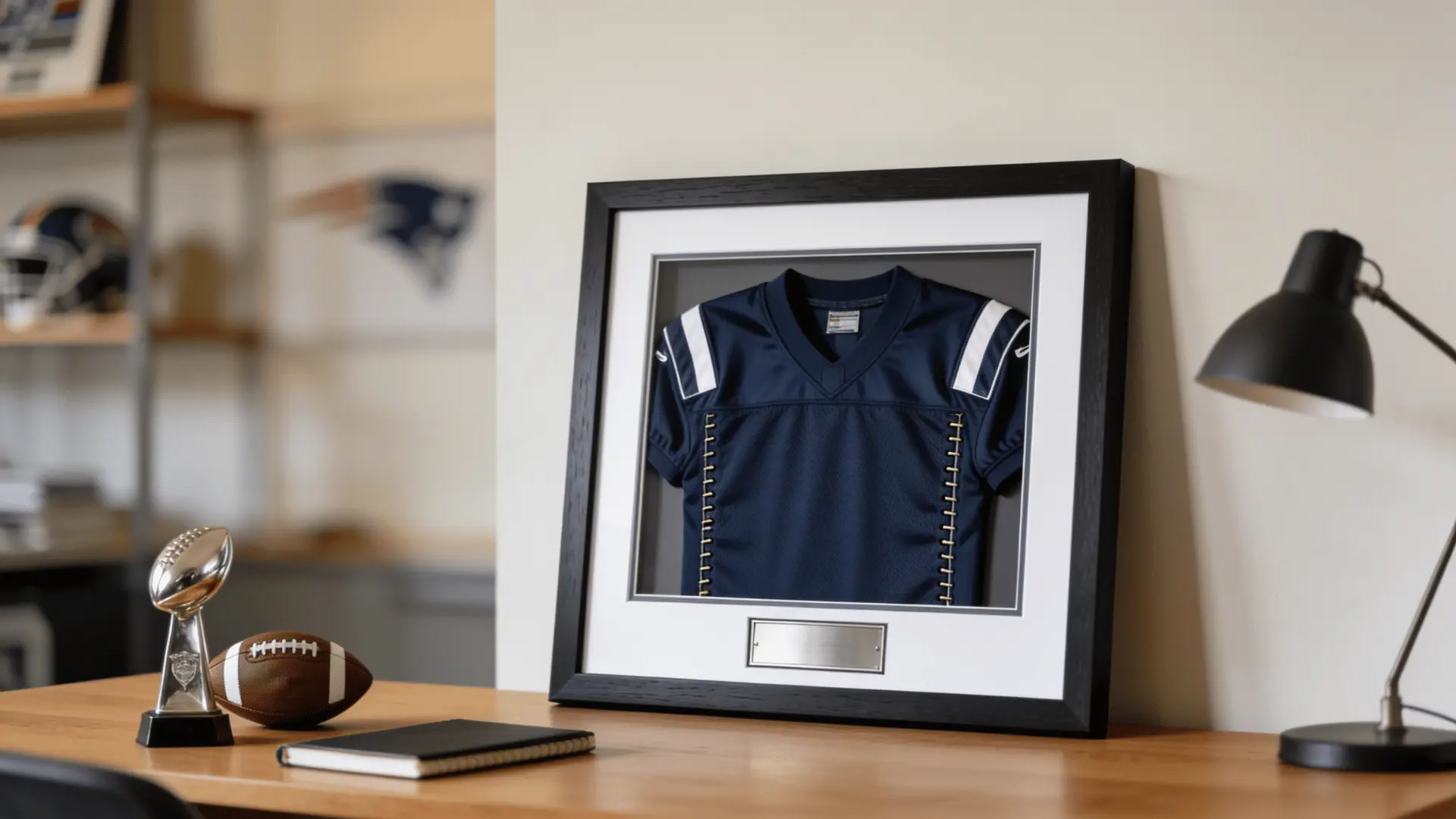 framed fantasy football jersey near office desk