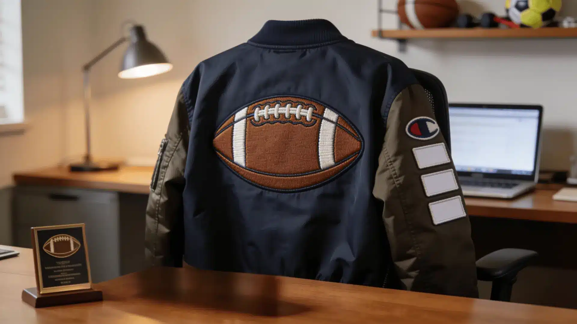 custom fantasy football jacket on office chair