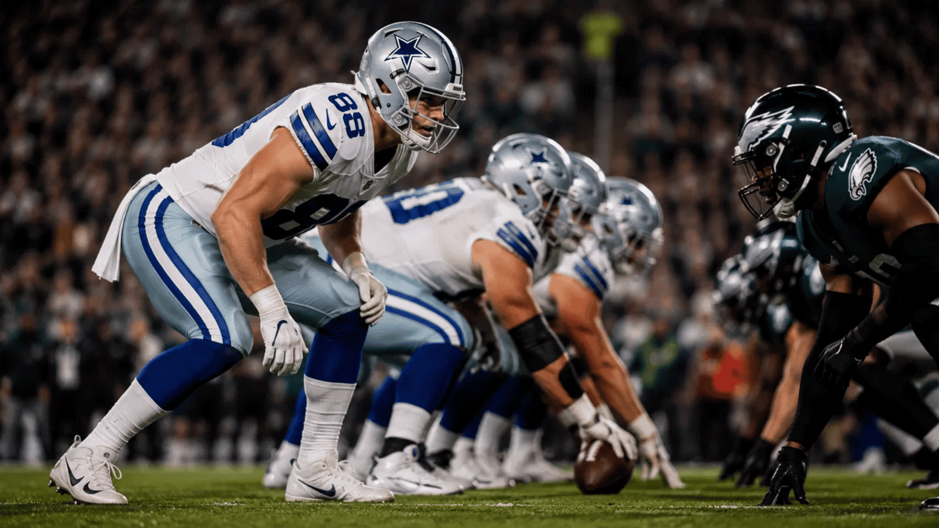 dallas cowboys offensive line set at the line of scrimmage against the philadelphia eagles