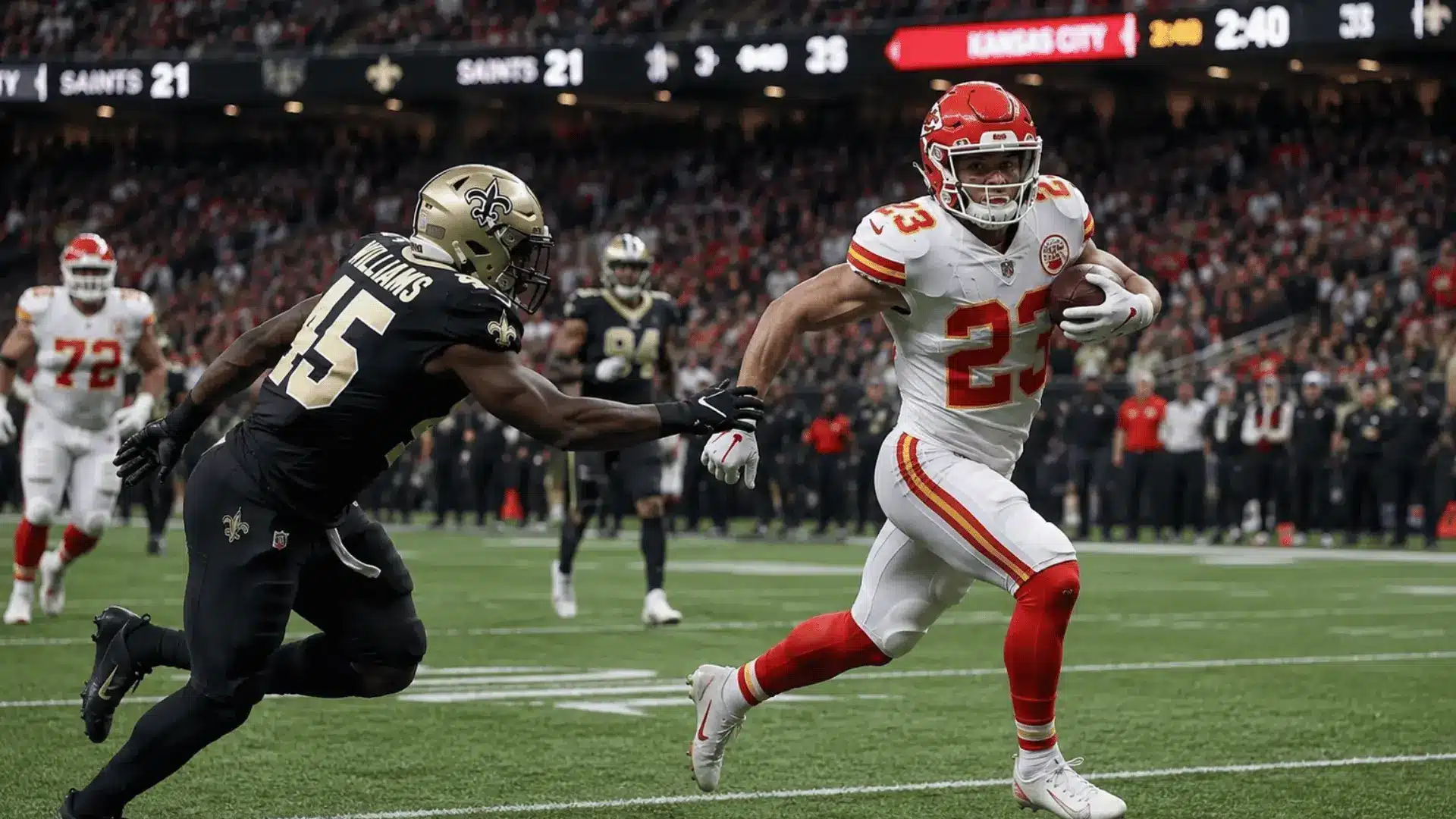 a player runs with the football while a defender chases him during fantasy football action