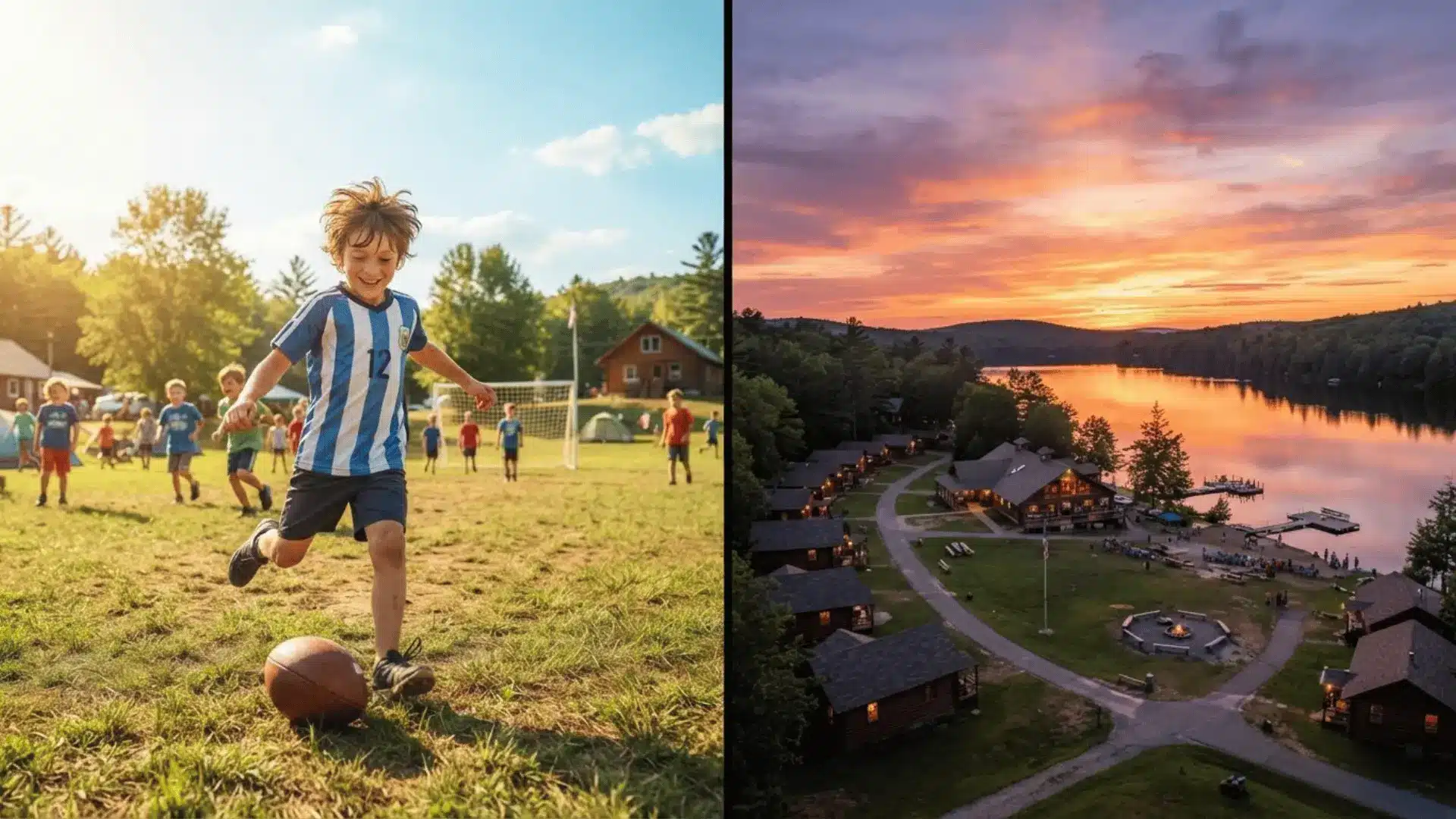 split view of kid playing football in afternoon and sunset over summer camp facility