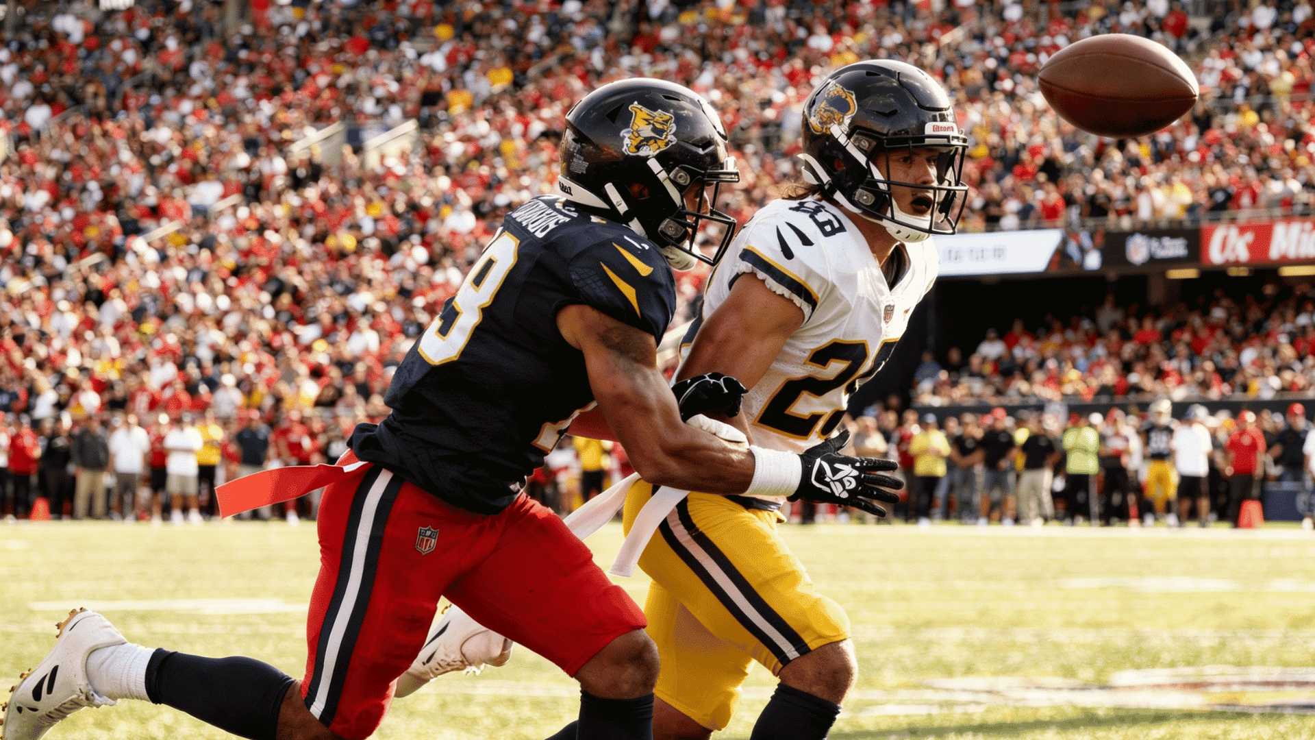 defensive back closely covering a receiver while tracking the football in flight