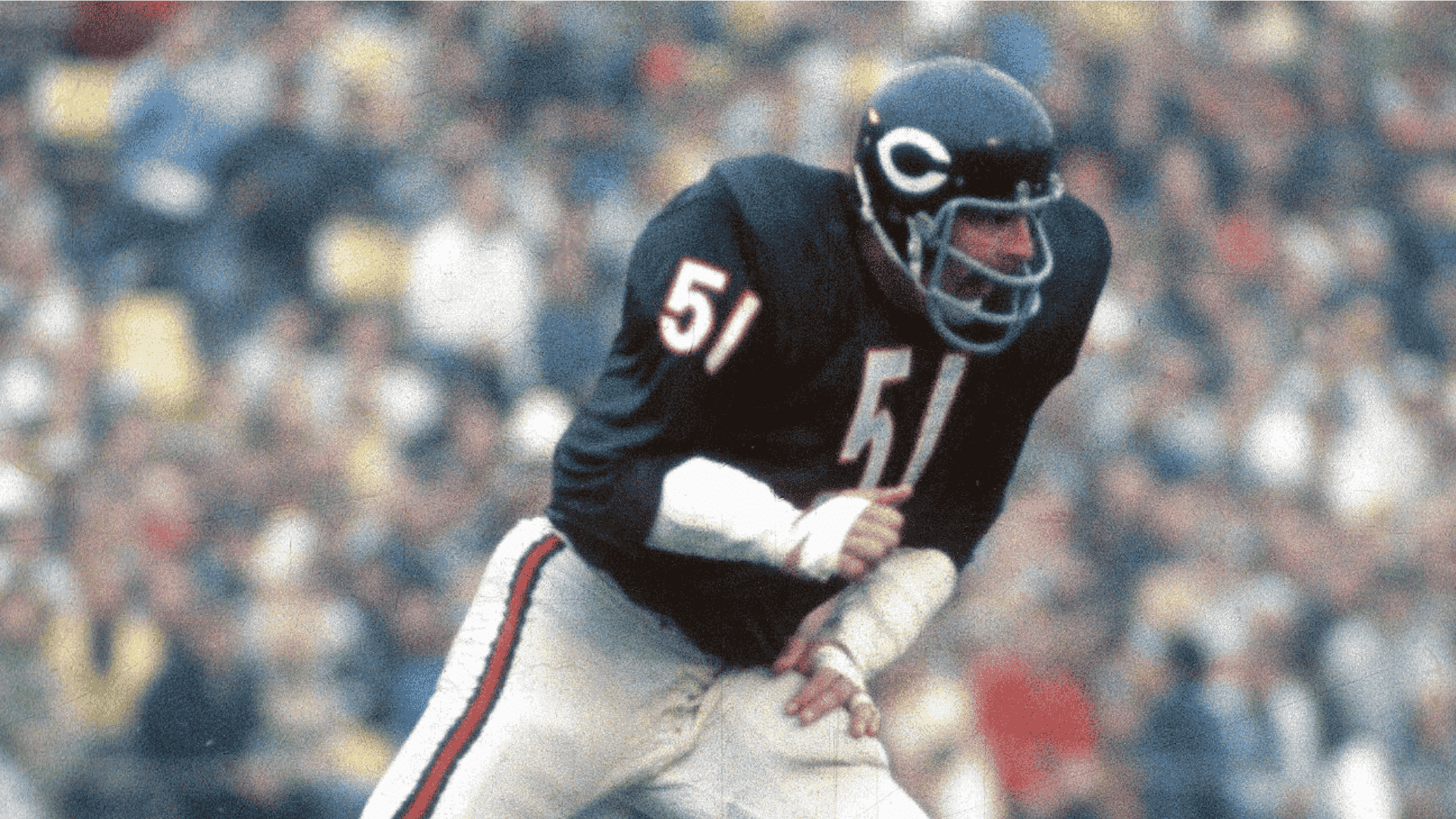 dick butkus with jersey number fifty one charging towards a player screaming and wearing a blue shirt with white and red striped pants