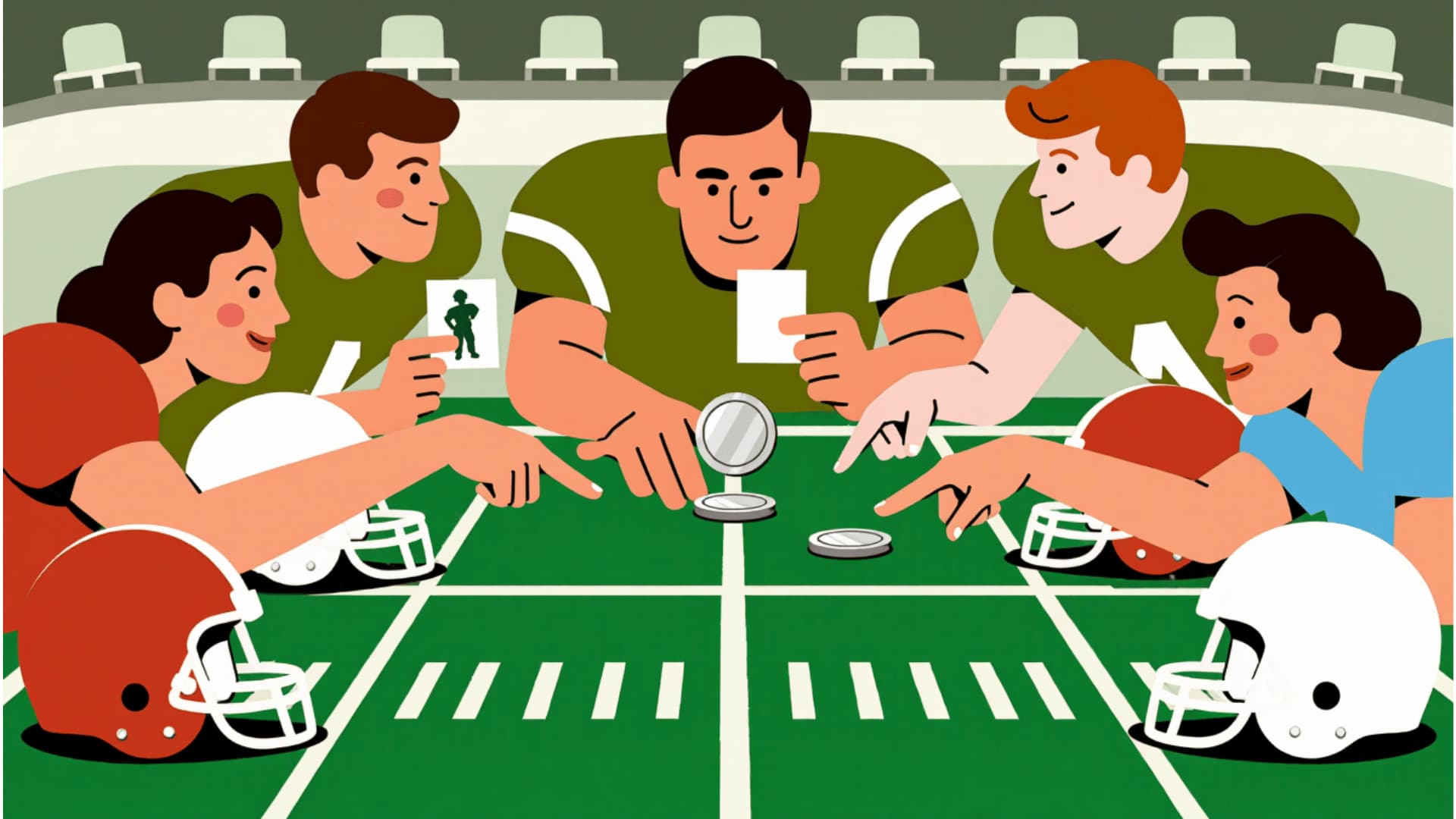 flat vector illustration of retro fans at a football themed table flipping a coin with blank player silhouettes