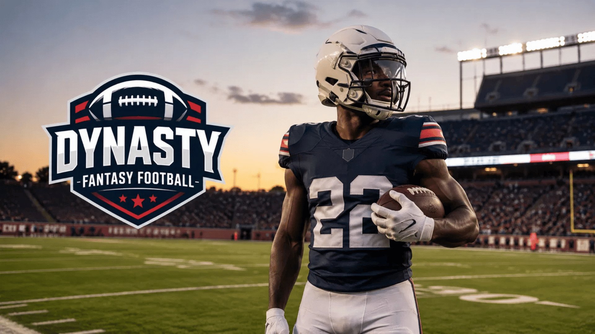 dynasty fantasy football logo with a football player holding the ball on a stadium field