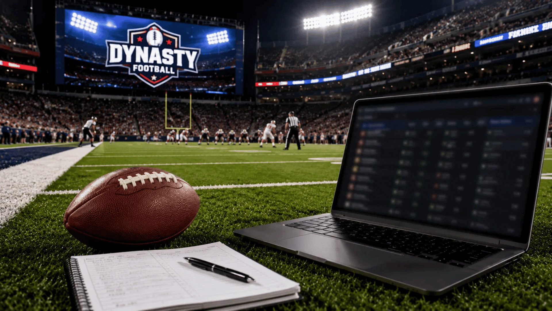 dynasty fantasy football setup with football laptop and notebook on a stadium field