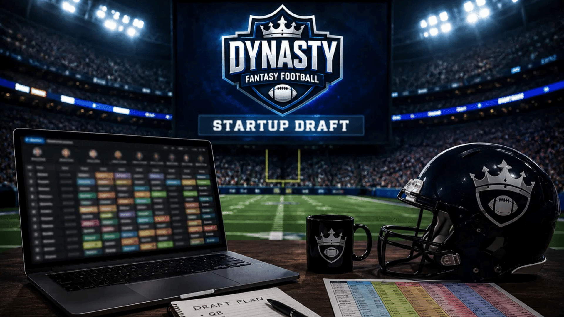 dynasty fantasy football startup draft with laptop draft board and draft plan notes