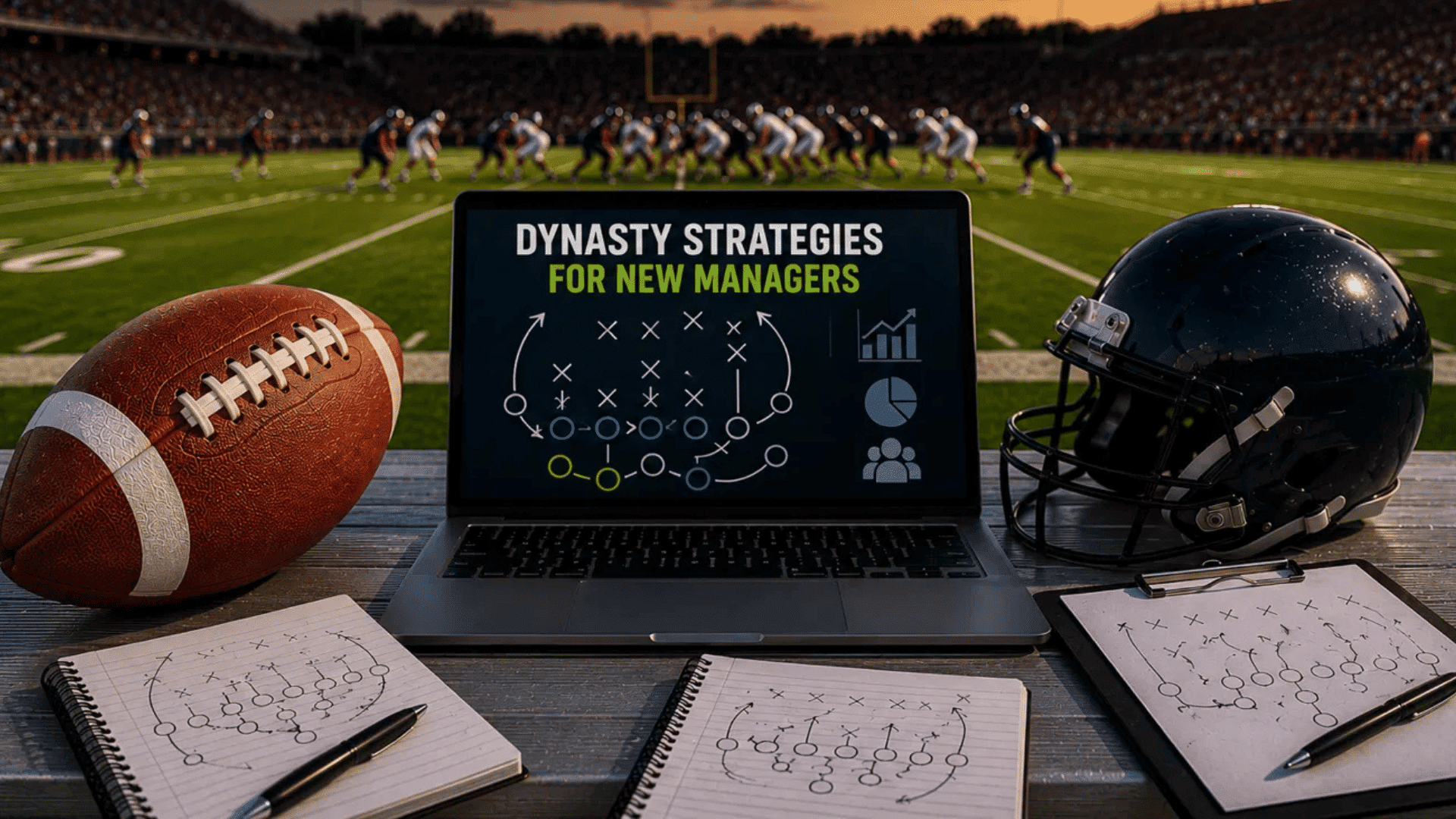 dynasty fantasy football strategies for new managers with play diagrams and laptop on a bench