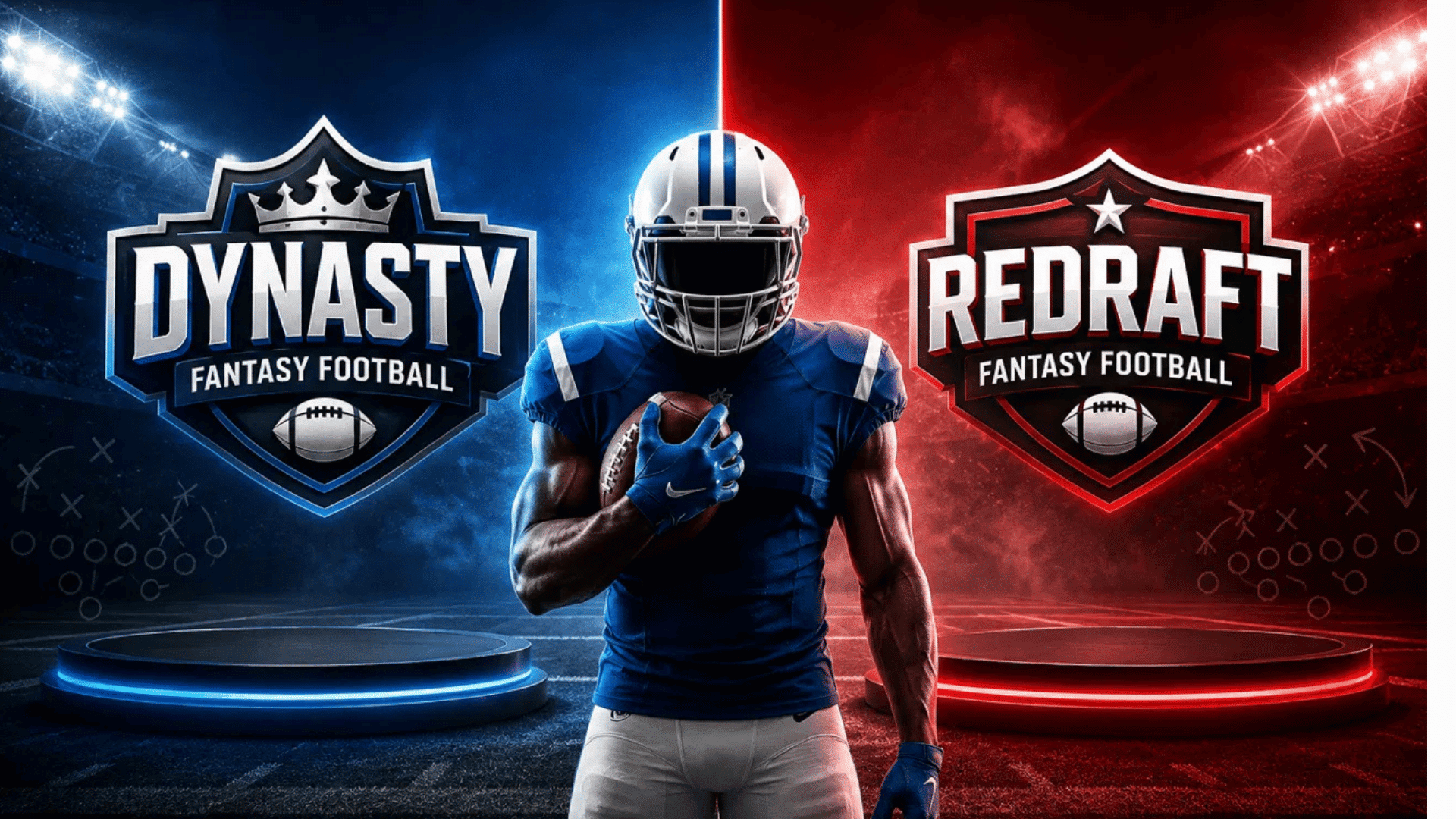 dynasty fantasy football vs redraft fantasy football logos with a football player in the middle