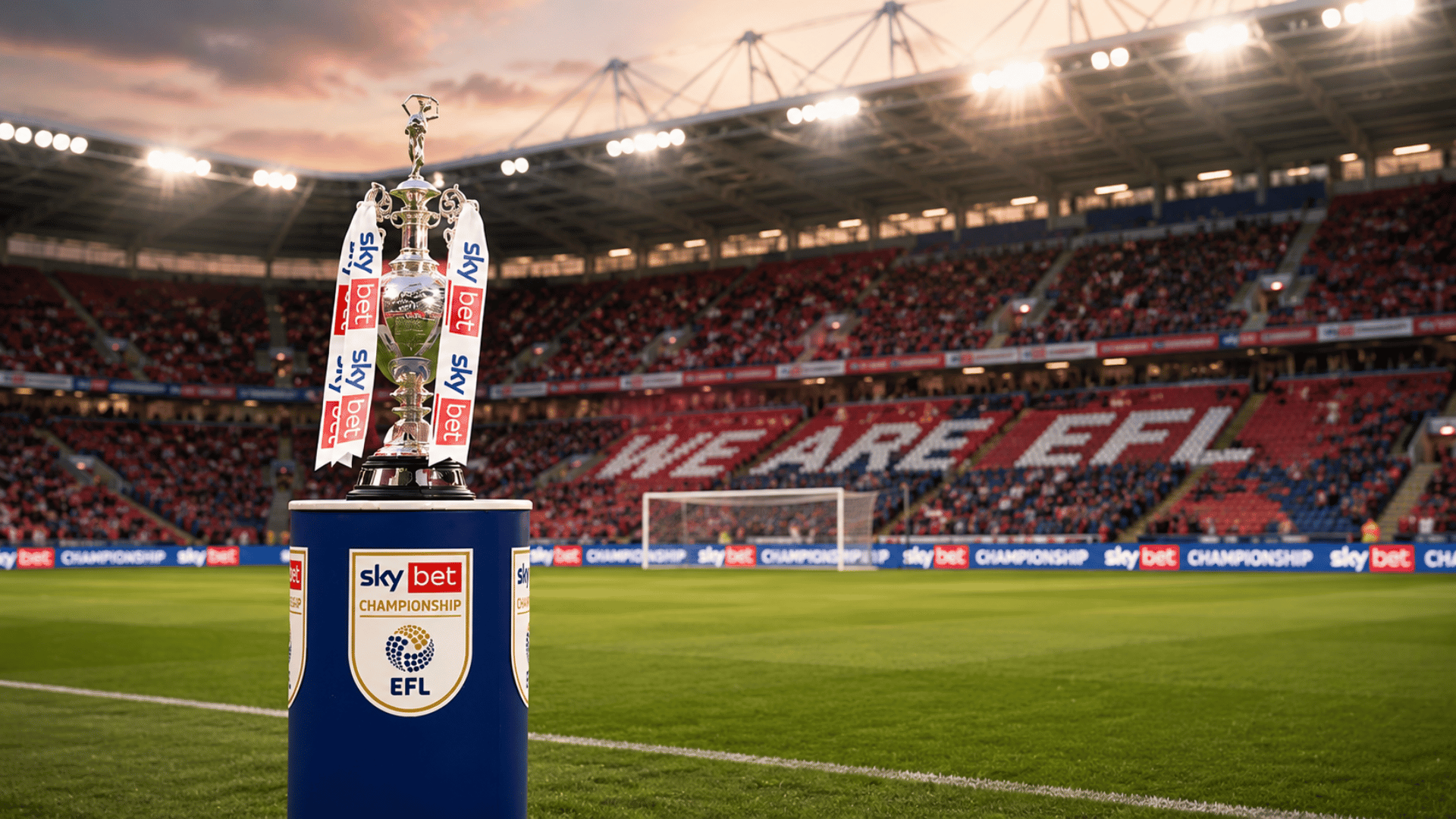 efl championship trophy displayed on football pitch with stadium lights and crowd backdrop