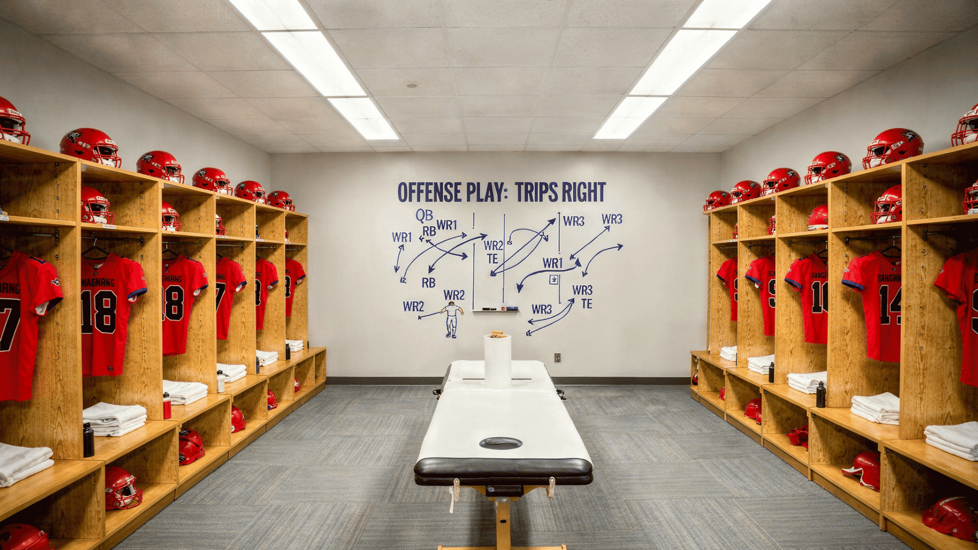 empty nfl locker room during halftime with helmets whiteboards play diagrams and medical table