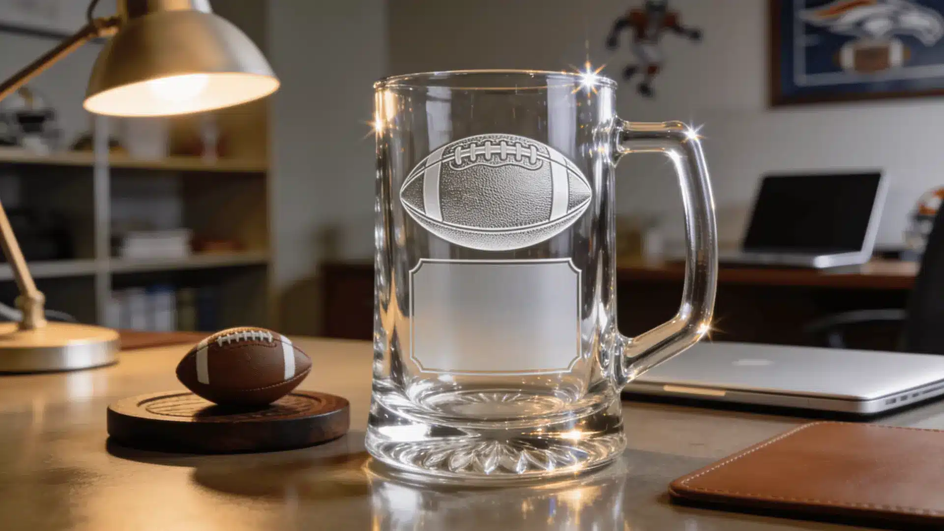 engraved crystal beer stein on office desk