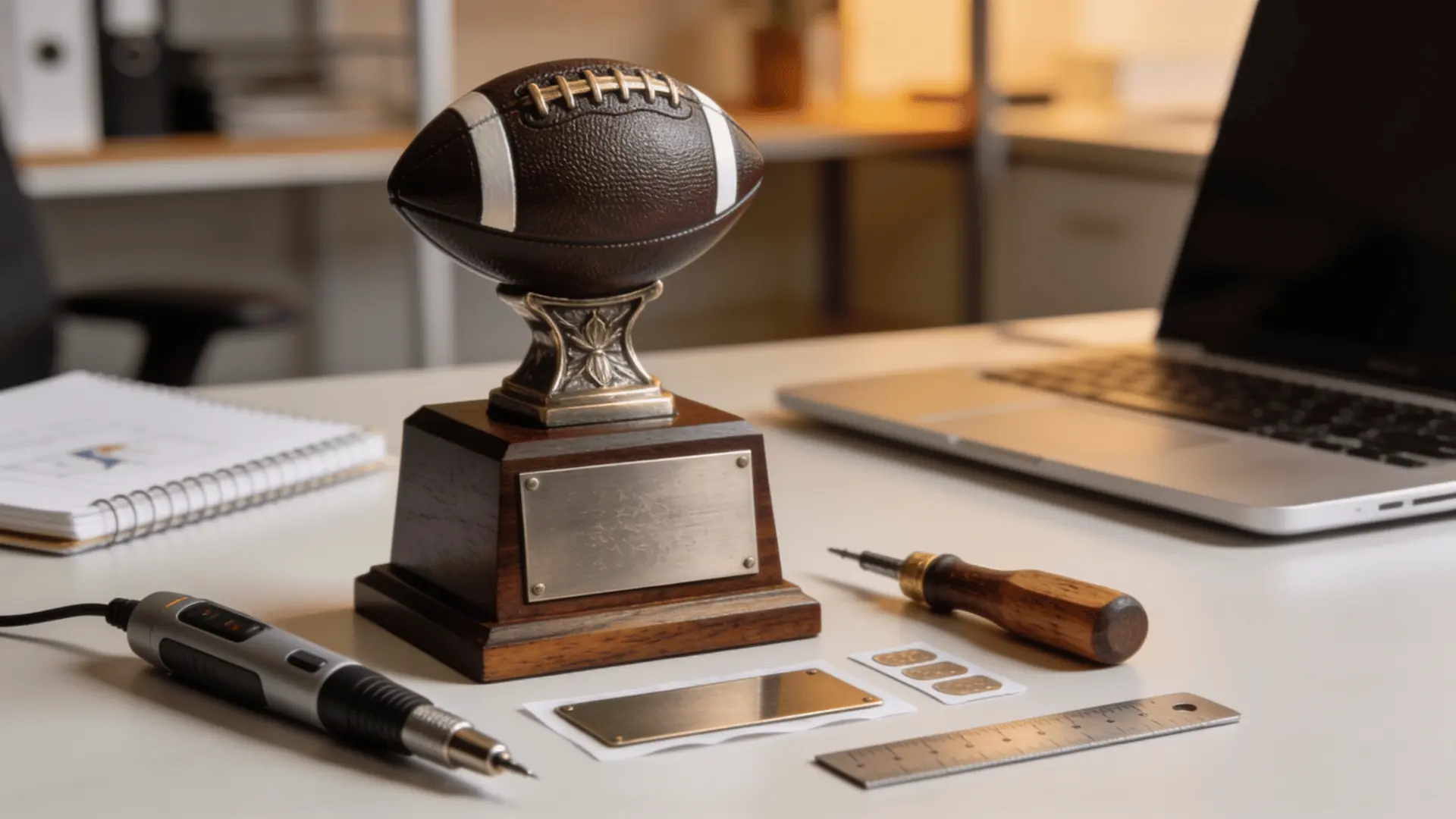 engraved fantasy football trophy on desk