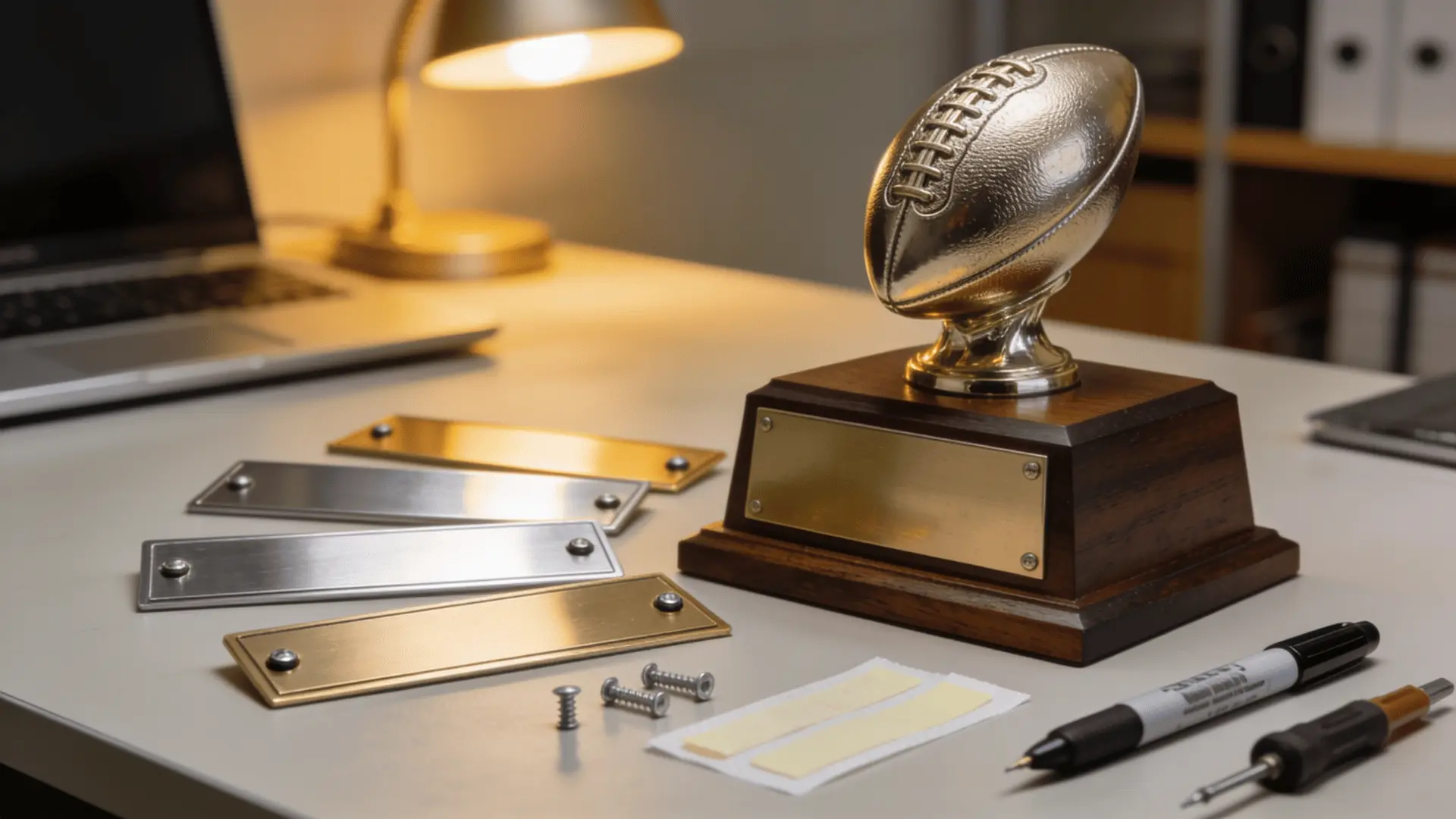 fantasy football trophy nameplates on desk
