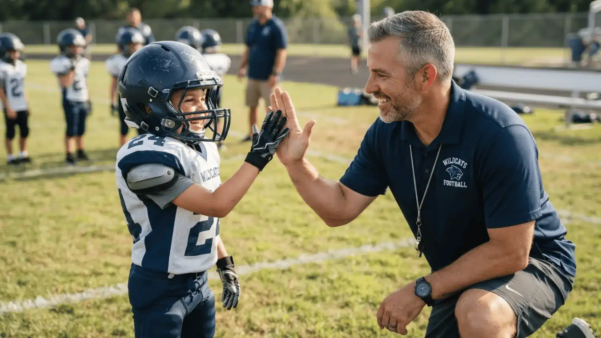 friendly youth football coach with whistle giving high five to young player on field