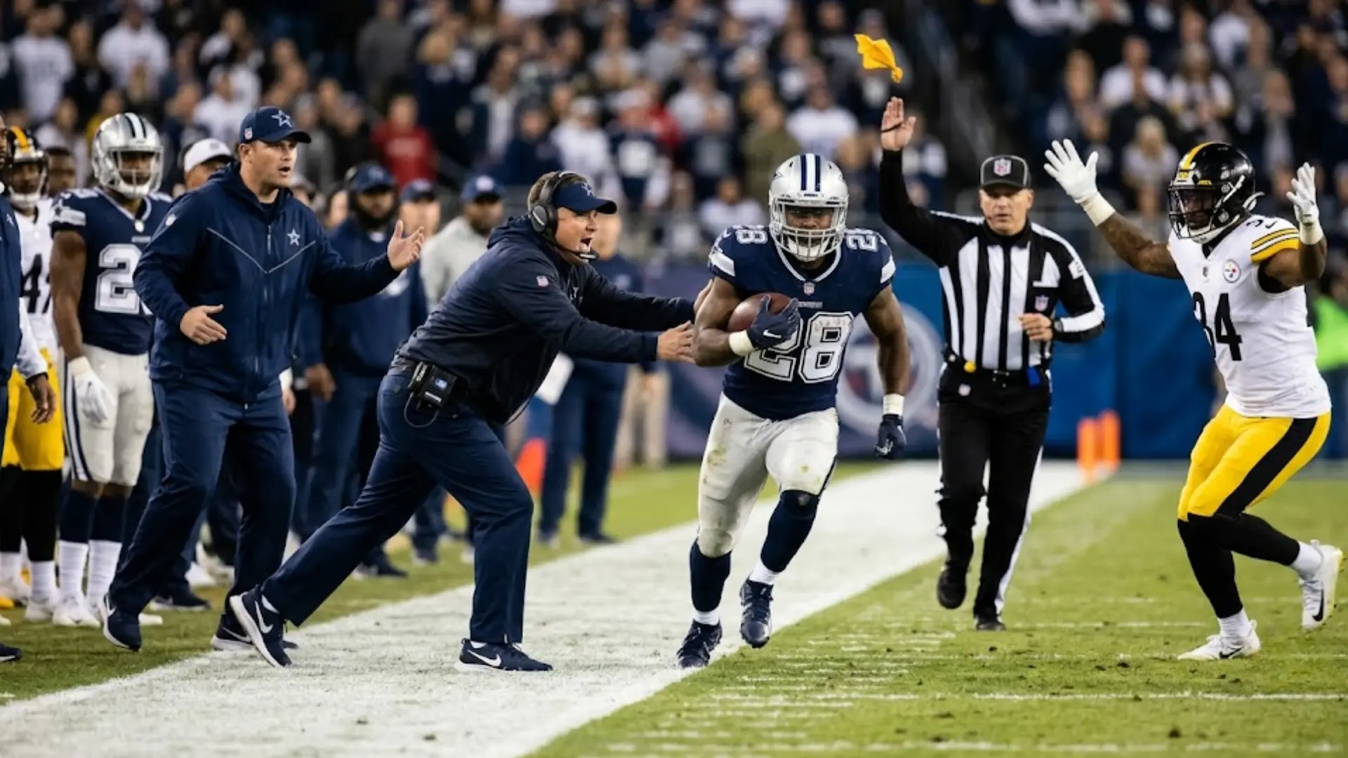 cowboys running back sprints along sideline as coach reacts and referee throws penalty flag