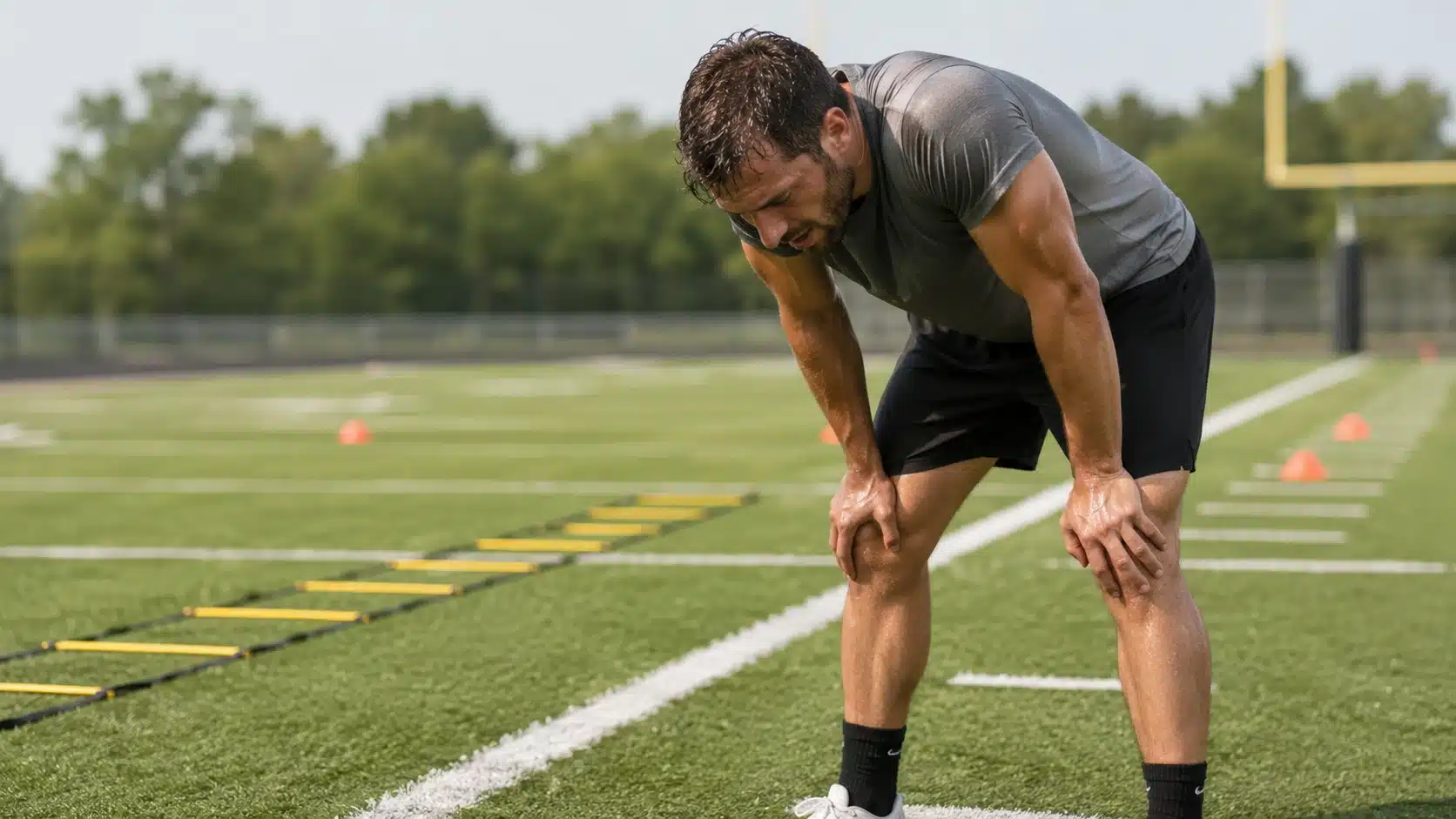 exhausted athlete resting after speed and agility training on turf with ladder and cones nearby