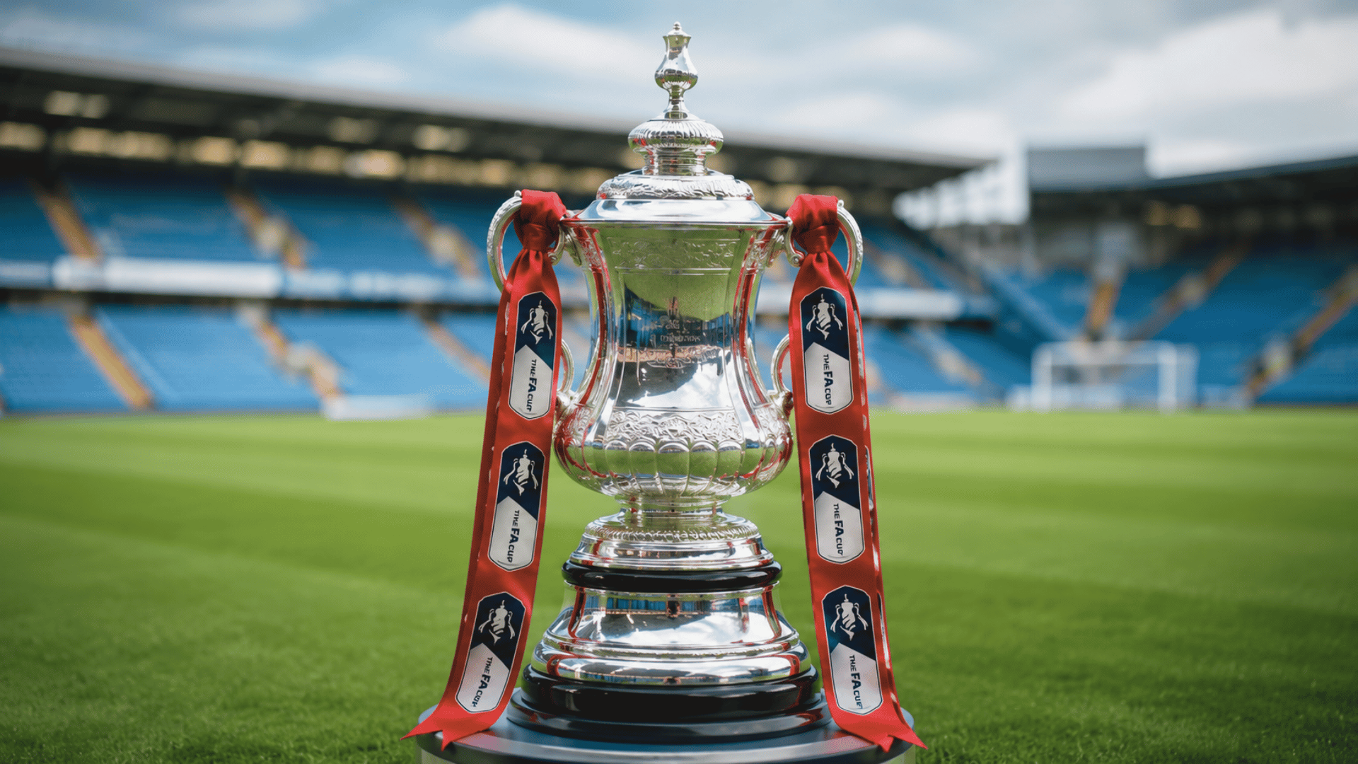 fa cup trophy displayed on a football pitch representing a historic cup competition