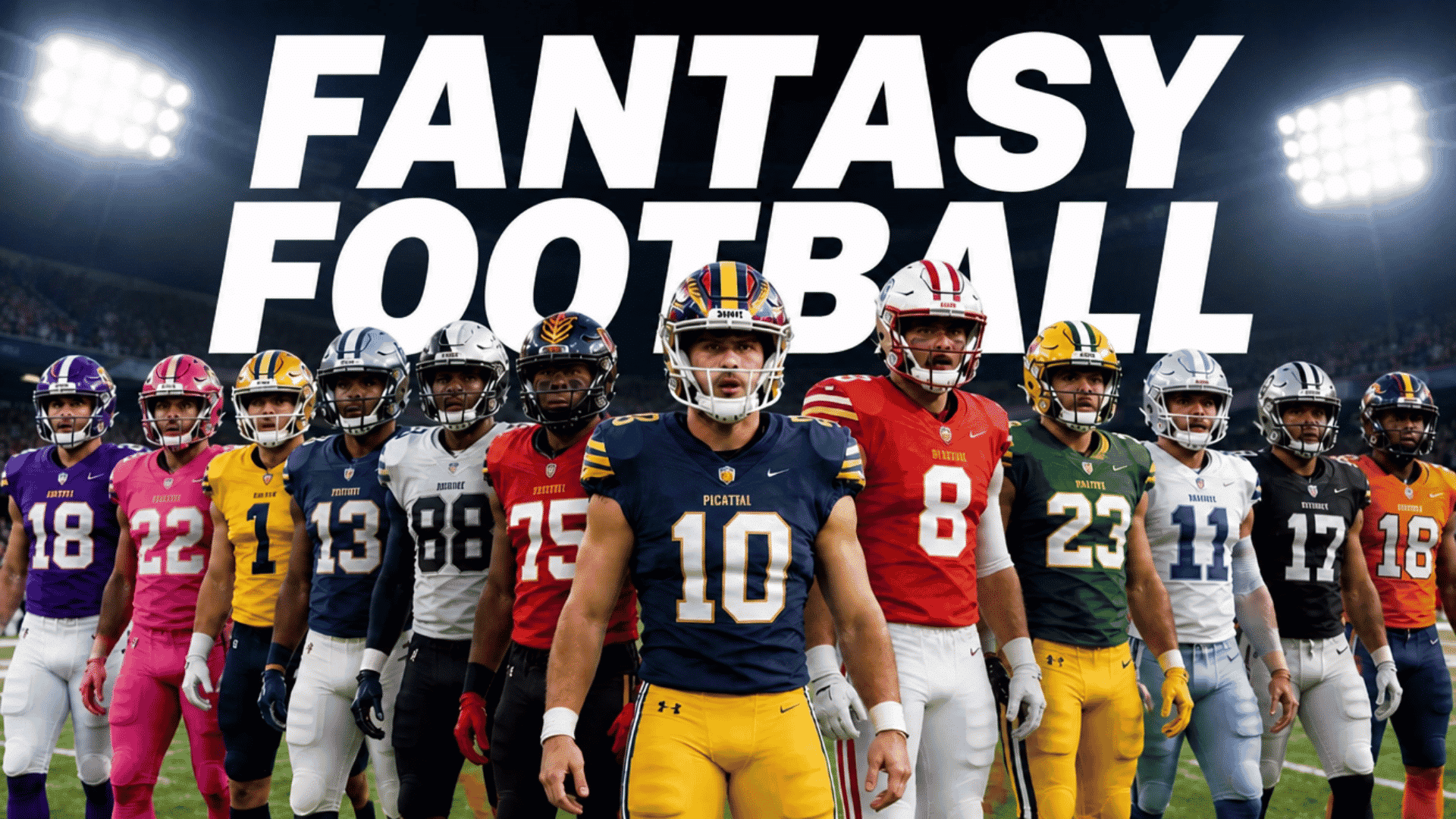 fantasy football banner with a lineup of football players under bright stadium lights for a draft guide