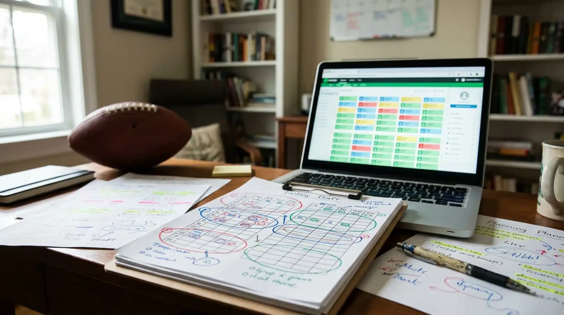 football draft setup with laptop draft board football and handwritten strategy notes on a home desk