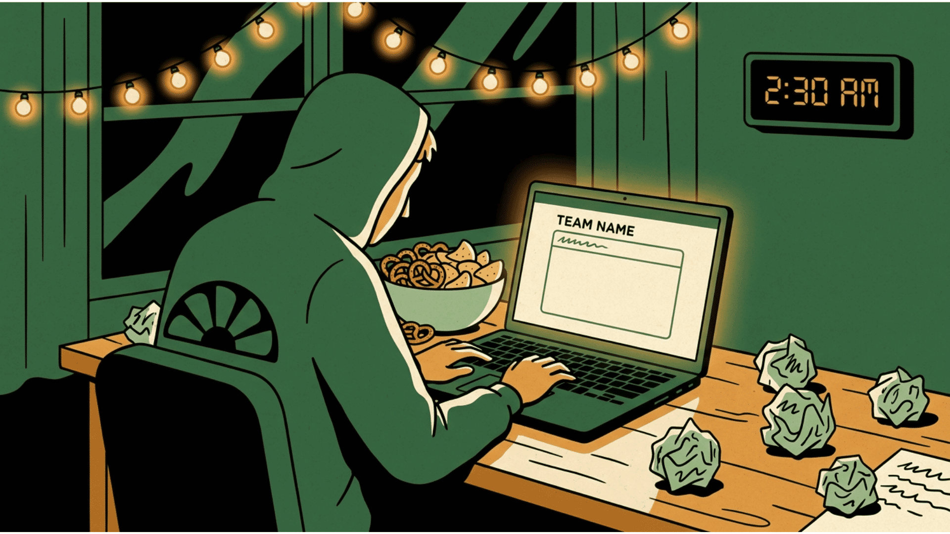 fantasy football manager brainstorming a team name late at night