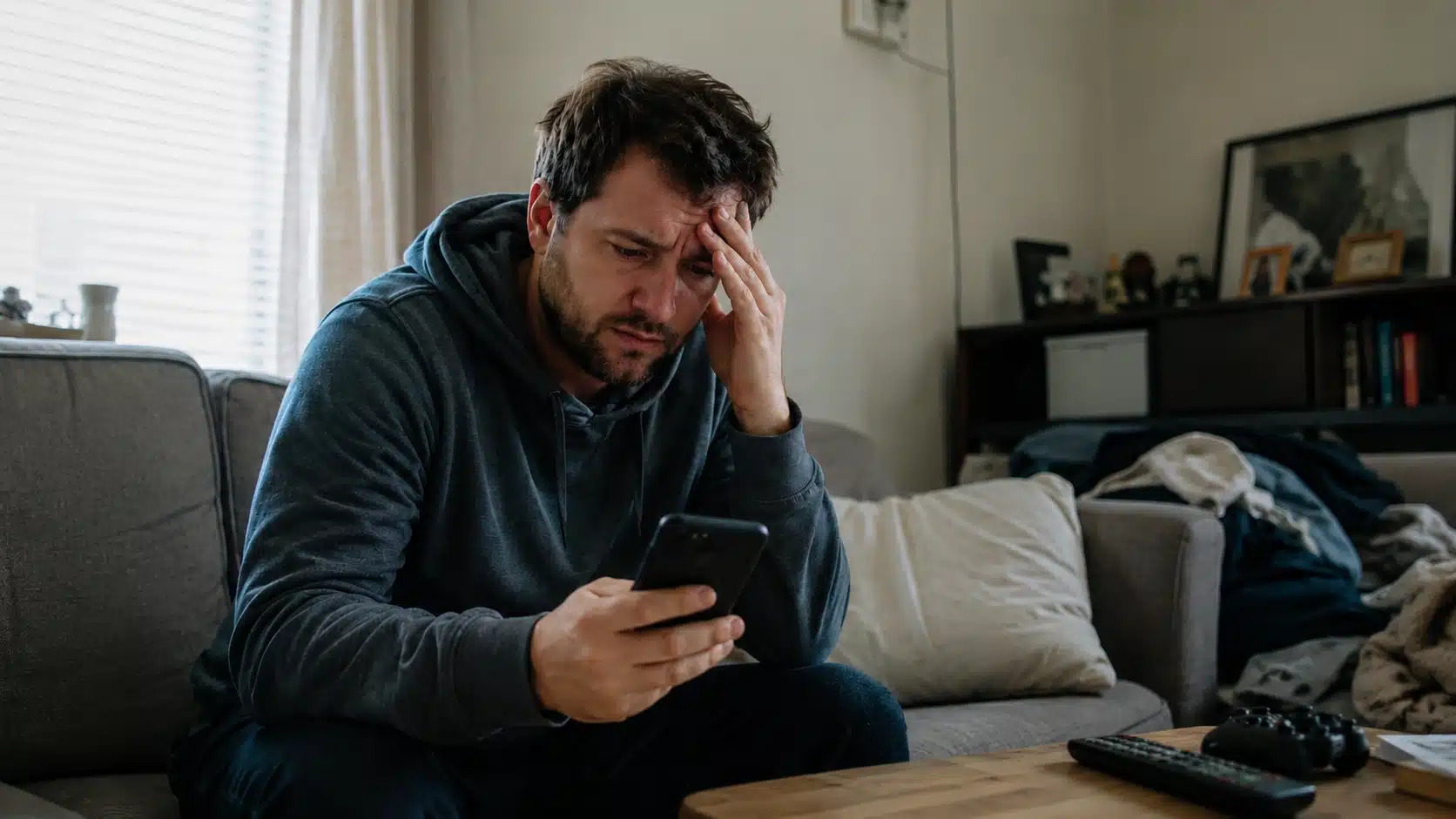 fantasy football manager looking frustrated while checking his phone for an injured reserve roster update
