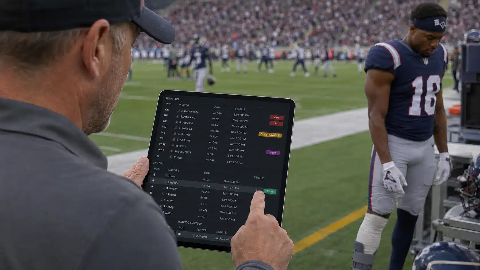 fantasy football manager reviewing ir status tags while an injured player stands near the sideline