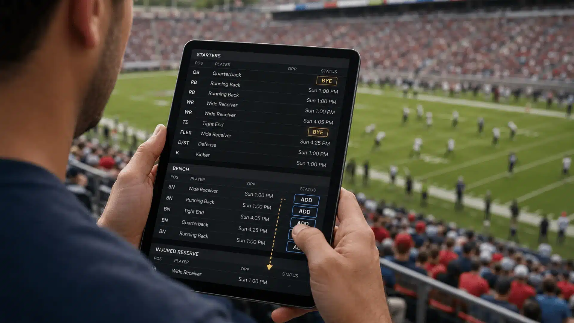 fantasy football manager using a tablet to move a bye week player to injured reserve and add a replacement