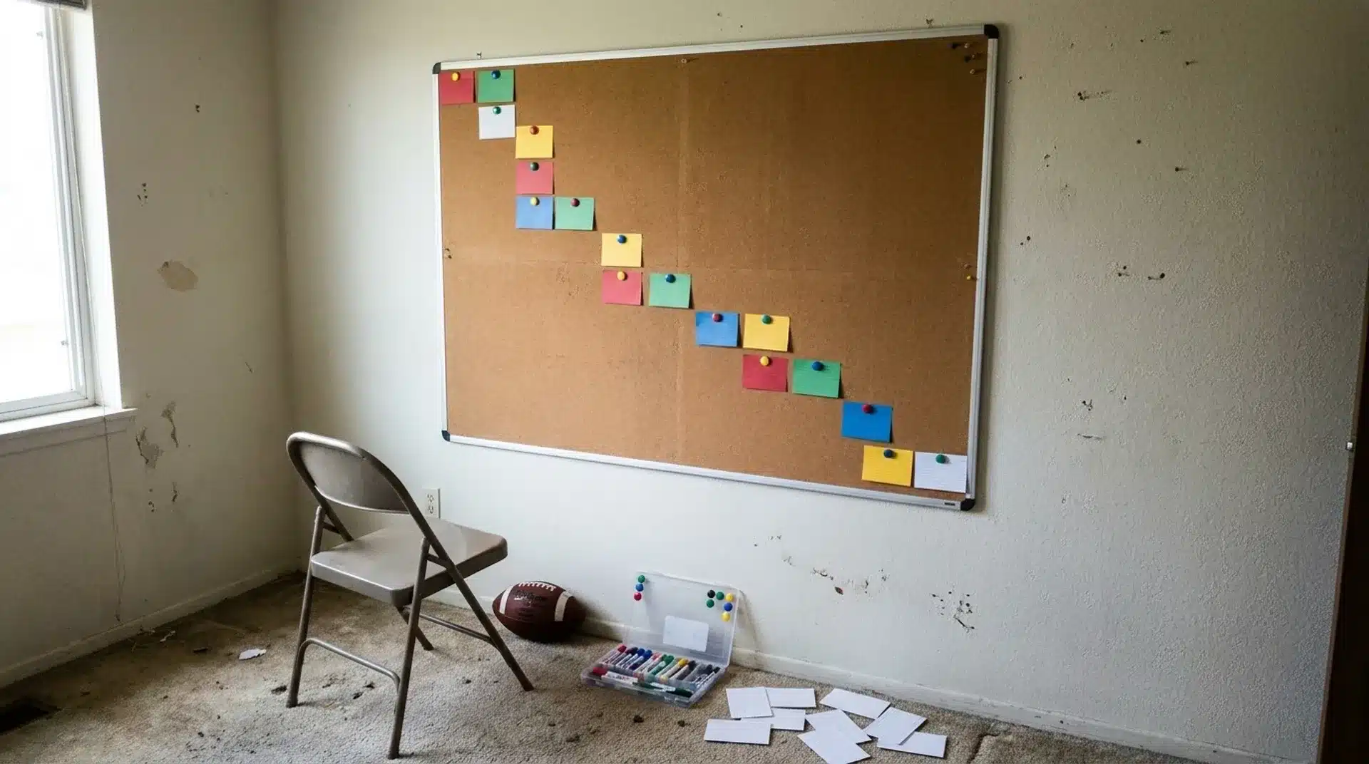 homemade fantasy football mock draft board with colored cards football markers and folding chair in a spare room