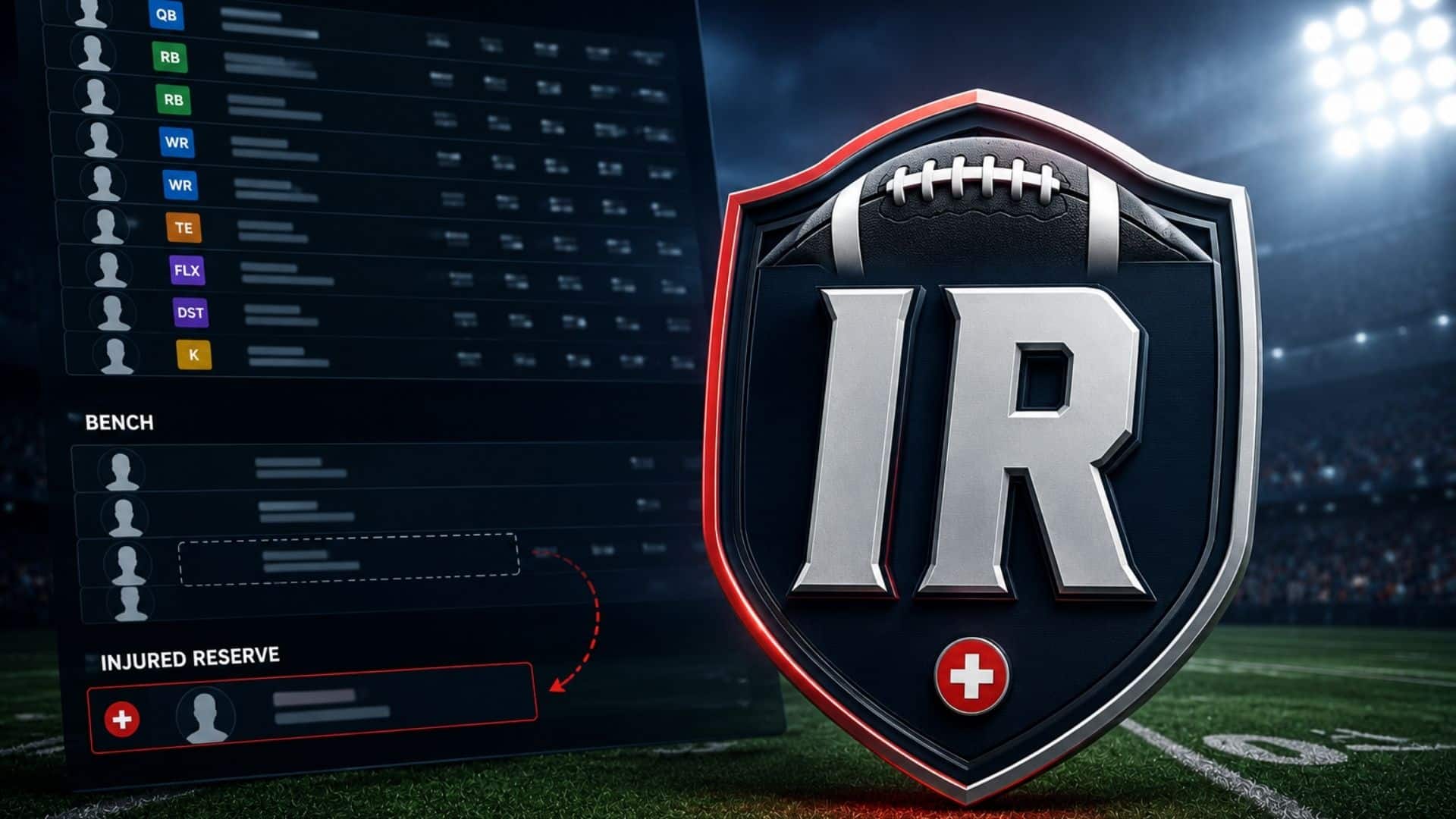 fantasy football roster showing an injured reserve slot beside a large ir shield in a stadium (1)