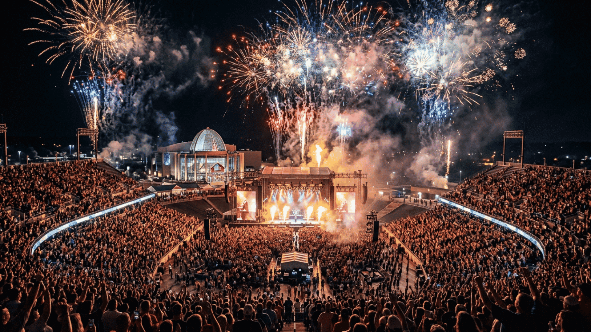 fireworks light up the night sky above a packed outdoor concert as a crowd cheers around a bright stage