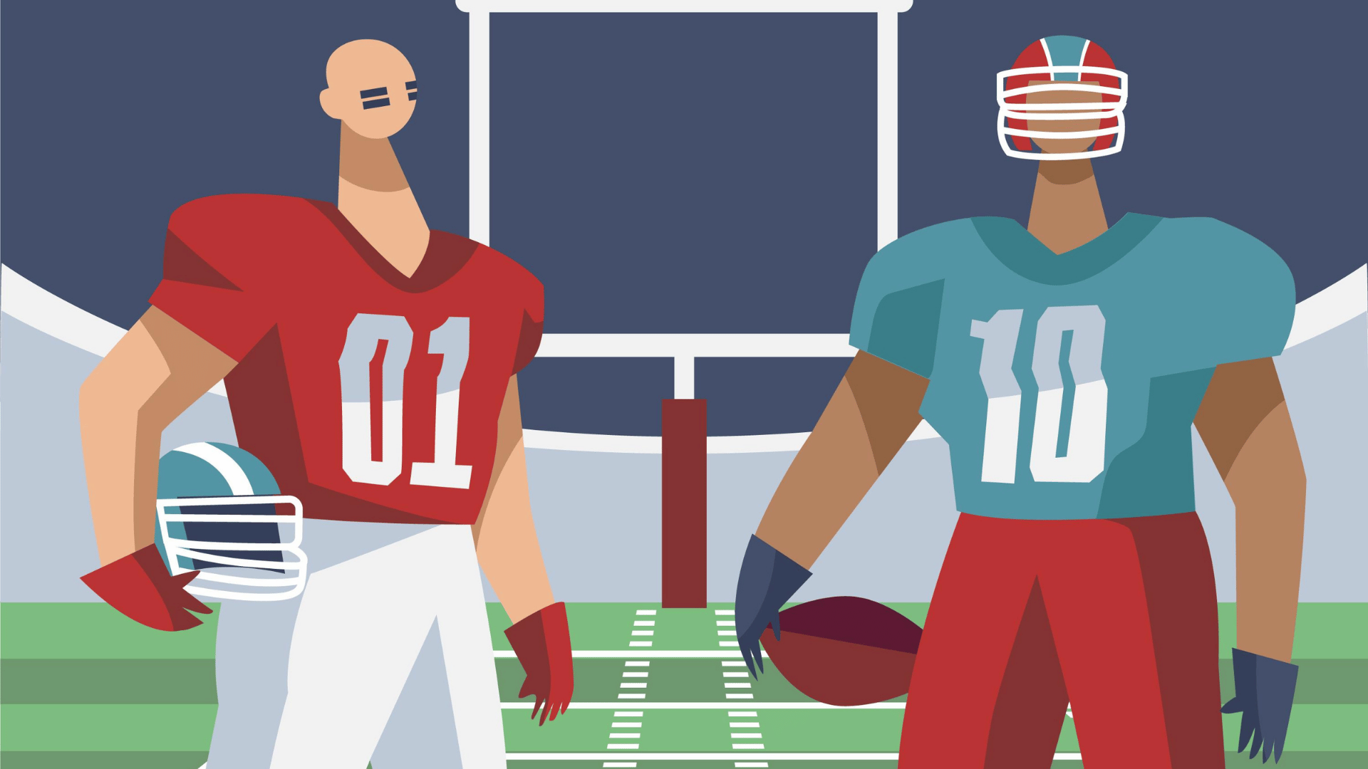 flat illustration of two football players standing on the field wearing jerseys with opposing colors and posing awesomely