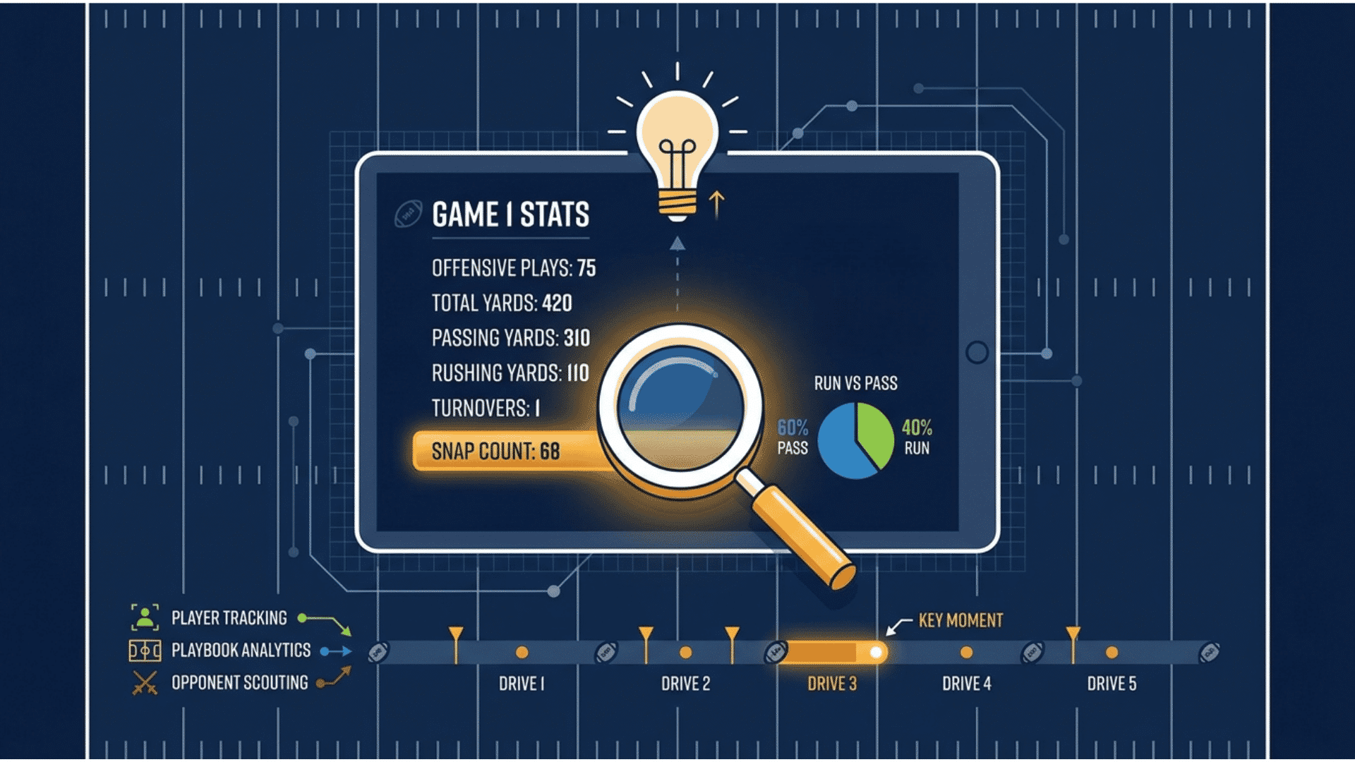 flat vector graphic of a stat sheet with snap count highlighted under a magnifying glass
