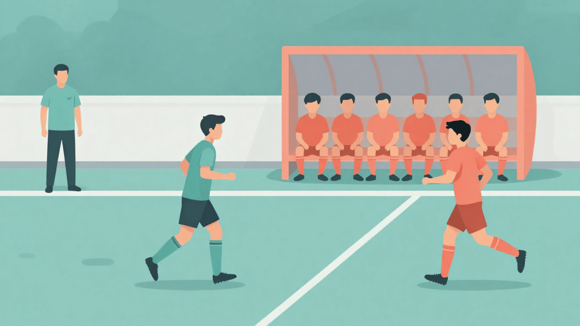 flat vector soccer substitution scene with player leaving pitch and substitute entering from the bench sideline