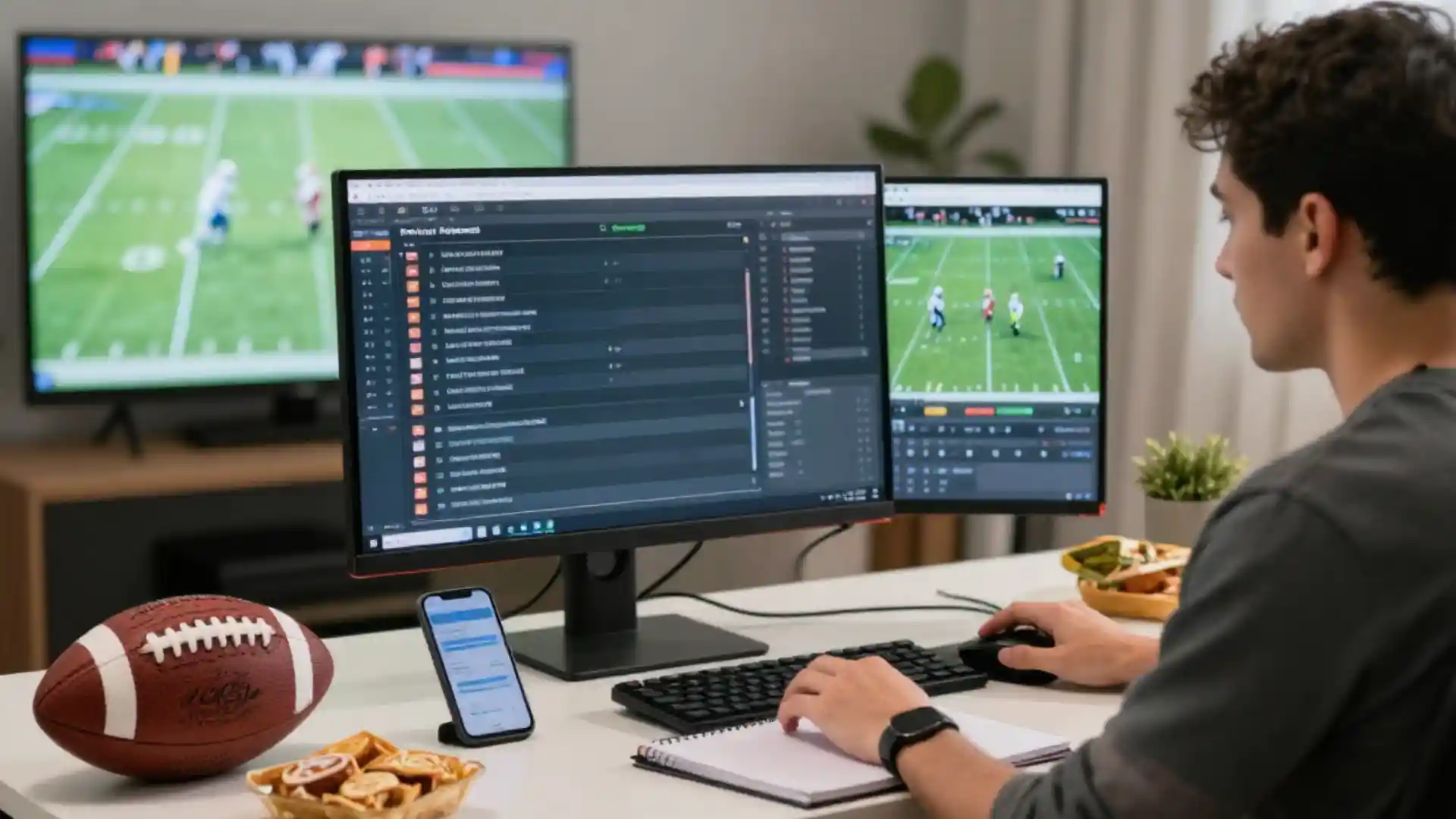 fantasy football manager compares player rankings across two monitors while watching a live game at home