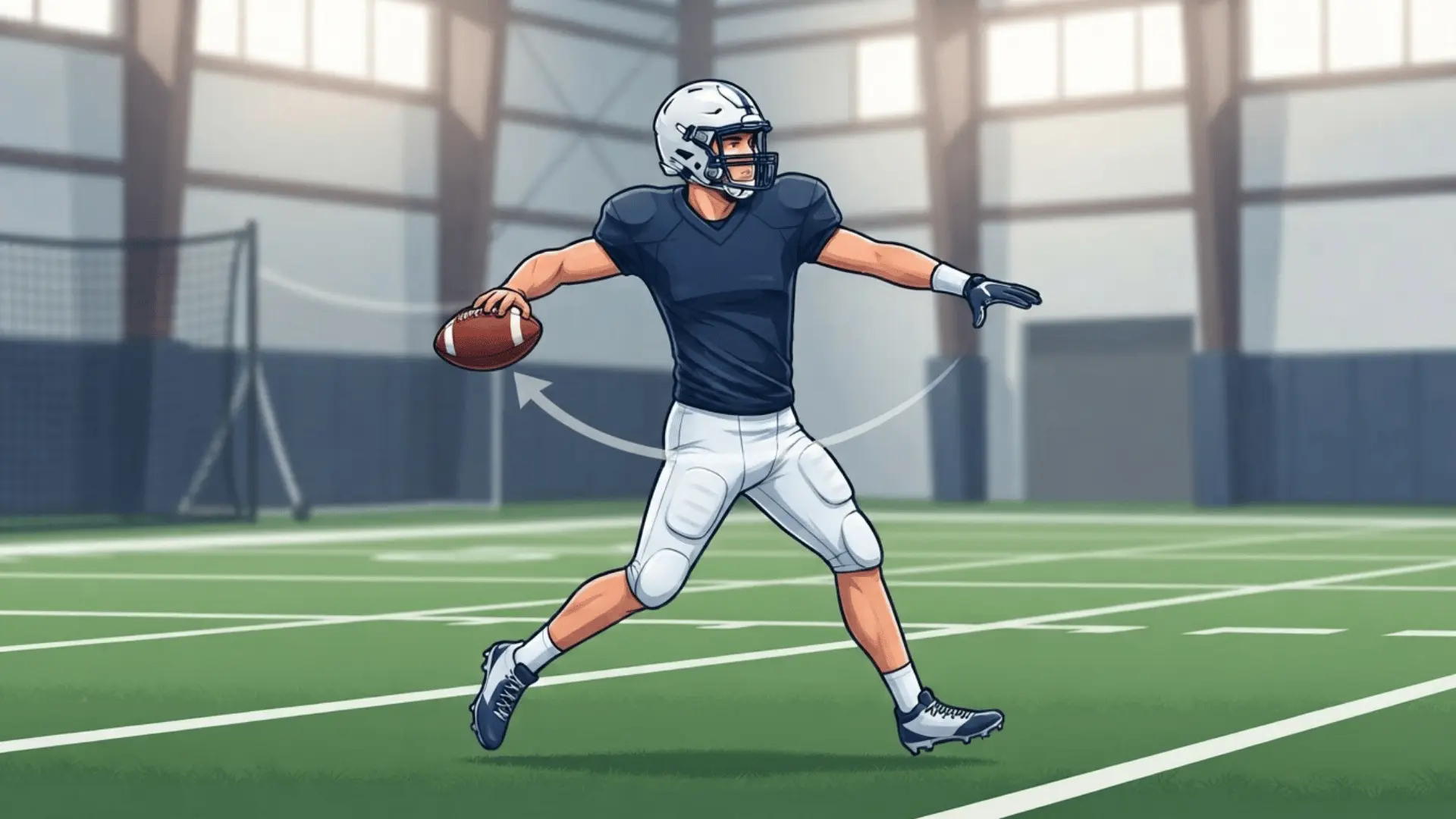 a football player in a navy jersey and white helmet practices a throwing motion on an indoor turf field