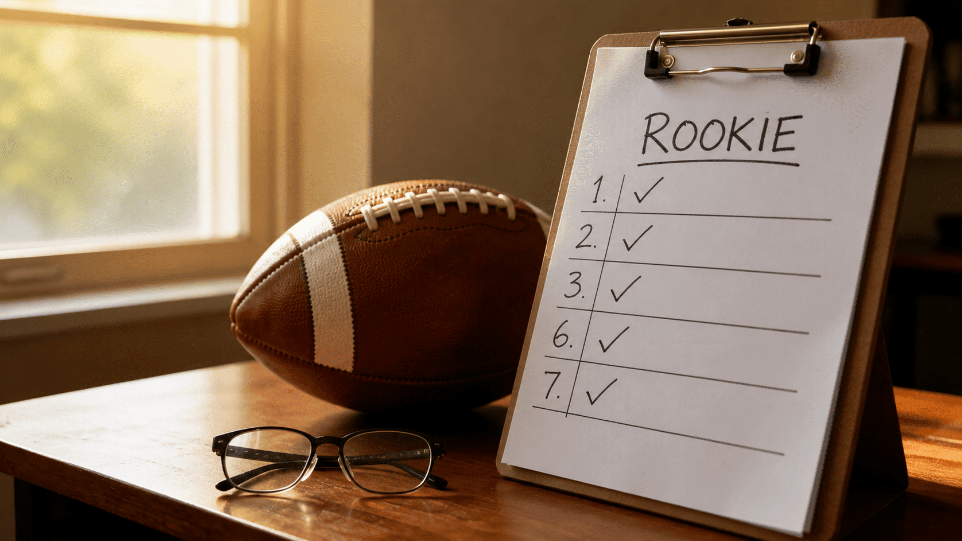 football beside a rookie checklist and eyeglasses on a wooden desk in warm natural light