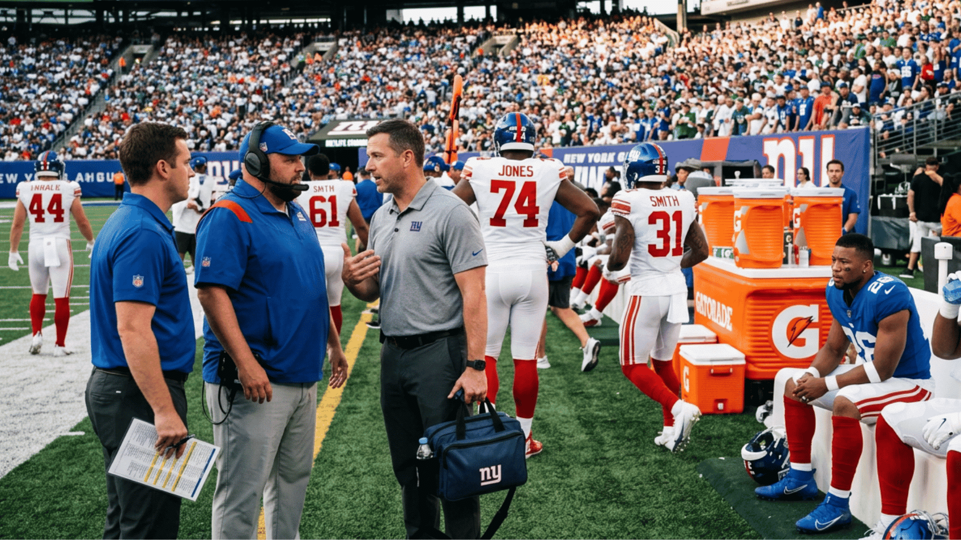 football coaches and players on the sideline during a game with packed stadium crowd watching from the stands