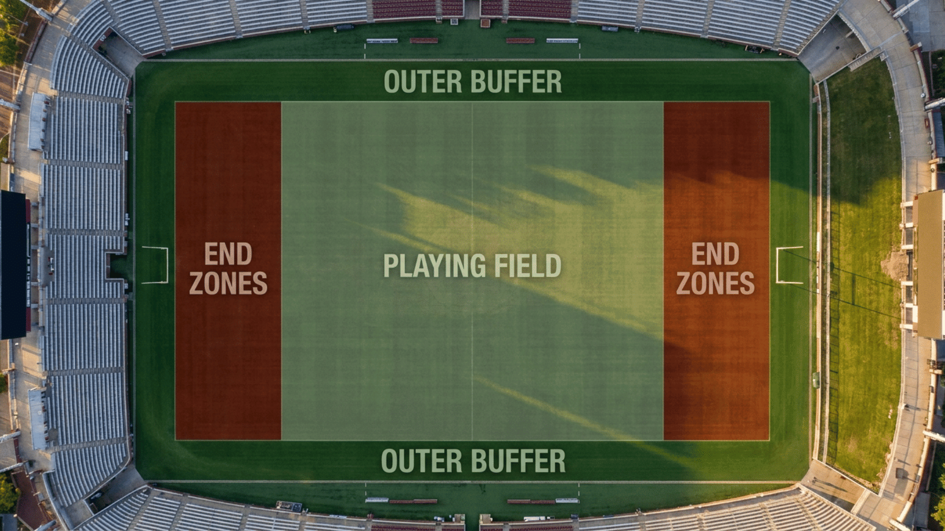 football field divided into playing area end zones and buffer zones in color coded sections