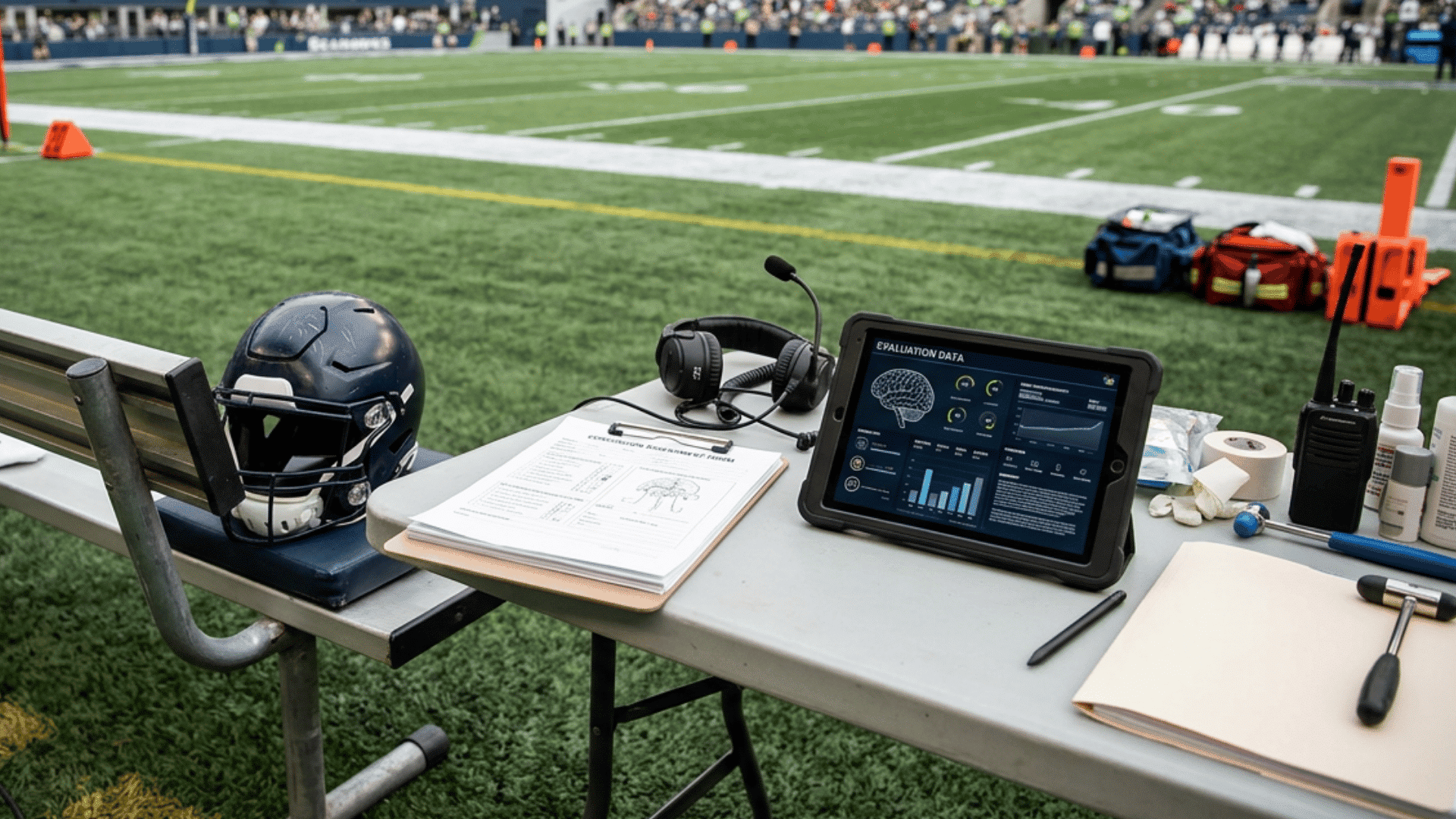football helmet and medical equipment on a sideline table with a tablet beside the football field during a game