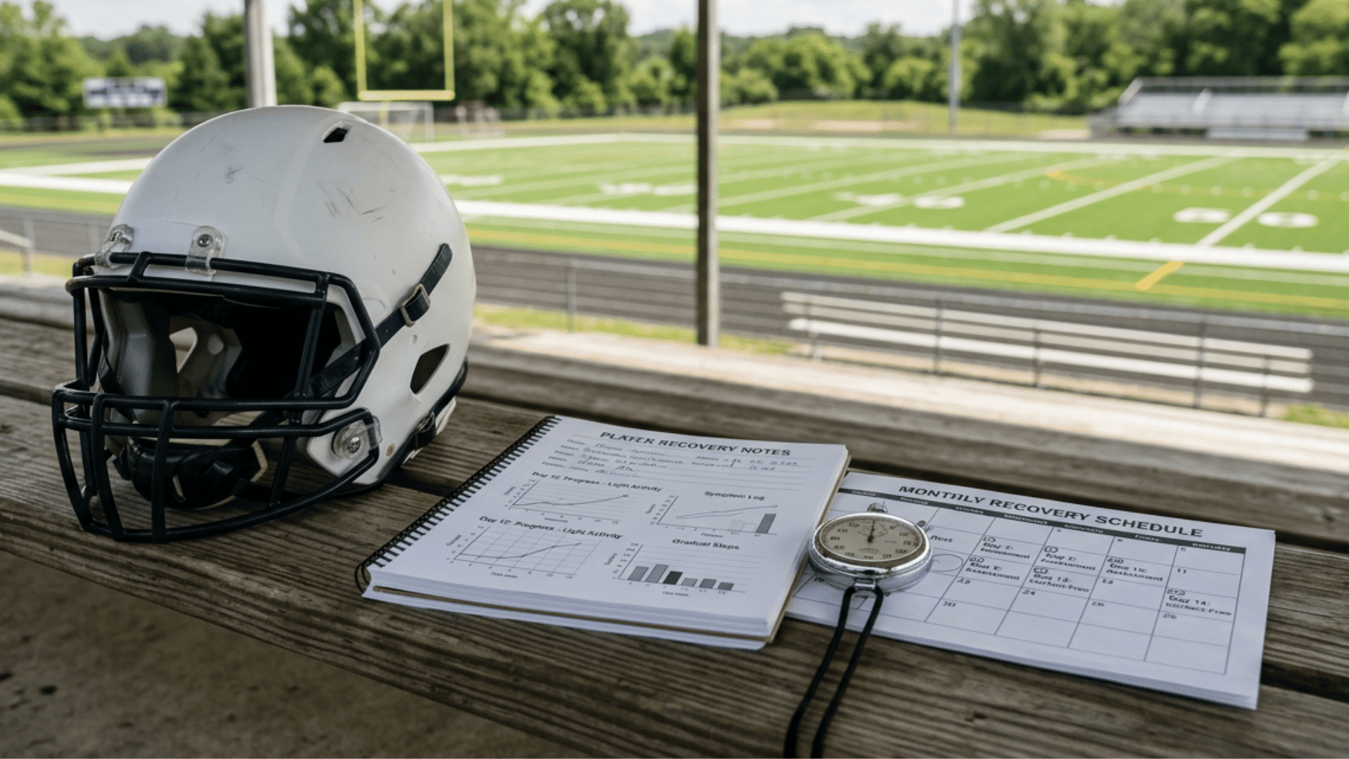football helmet beside recovery notes and stopwatch on wooden bleachers overlooking a football field and track