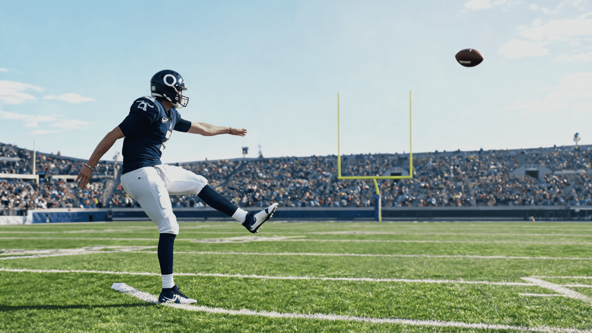 football kicker holding a tall balanced follow through after sending the ball toward the uprights